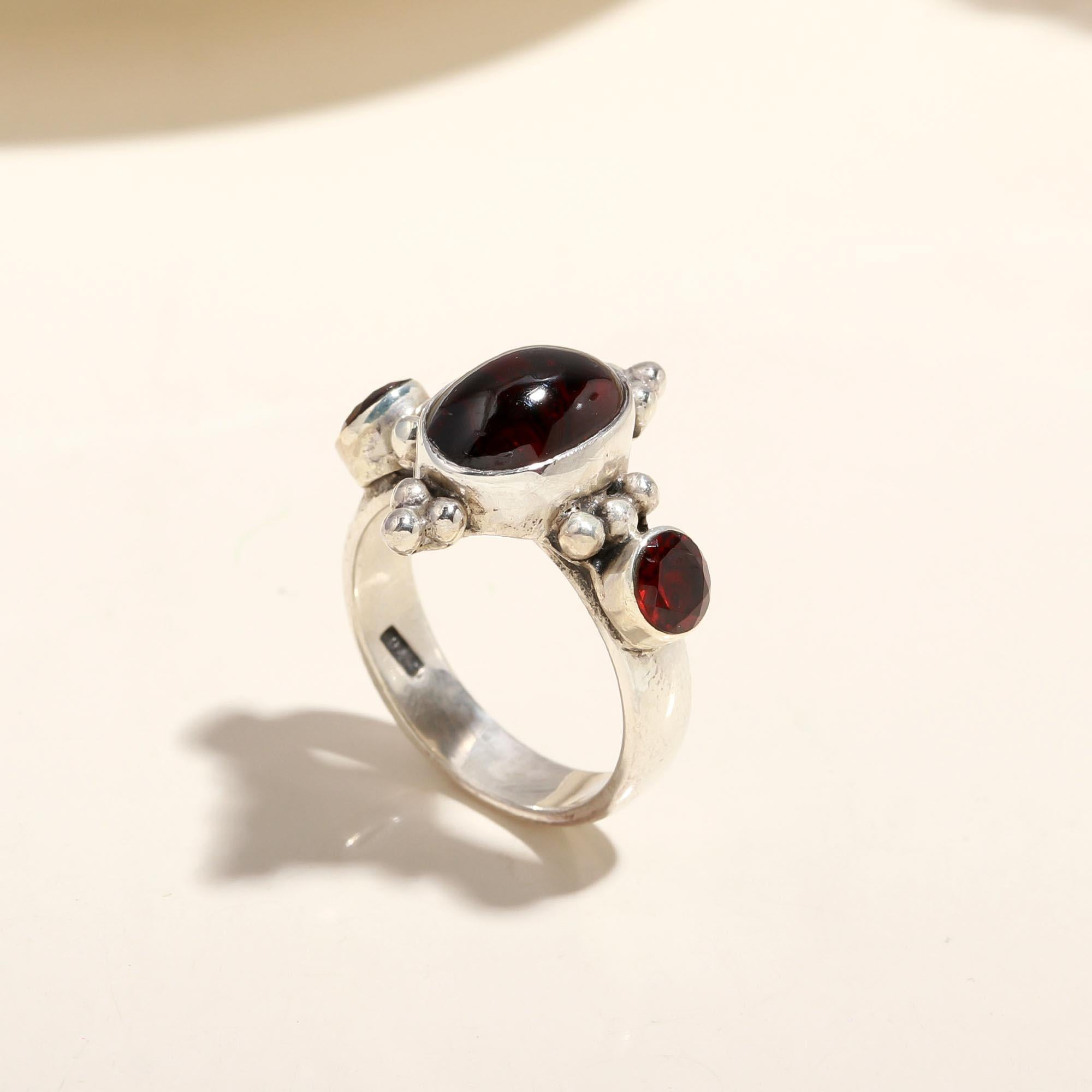 The Crimson Trilogy: Garnet Three-Stone Vintage Silver Ring