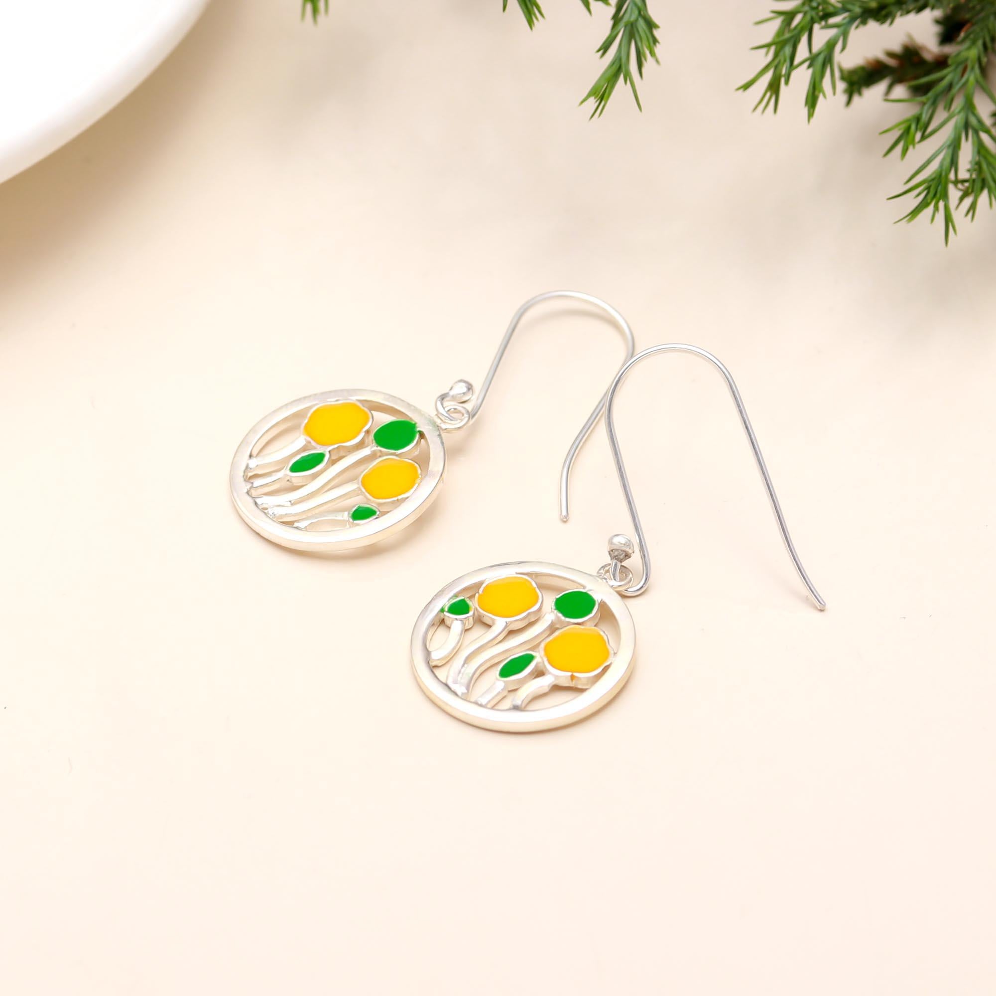 The Spring Meadow: Yellow Tulip Enamel & Silver Drop Earrings