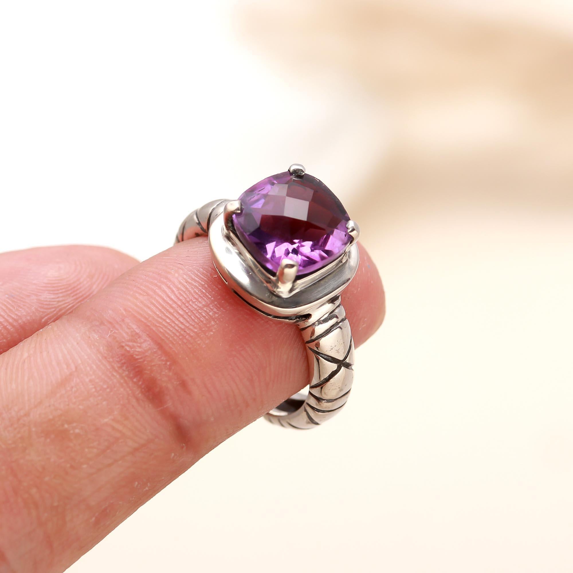 Handcrafted amethyst ring with cushion cut and silver engraved details