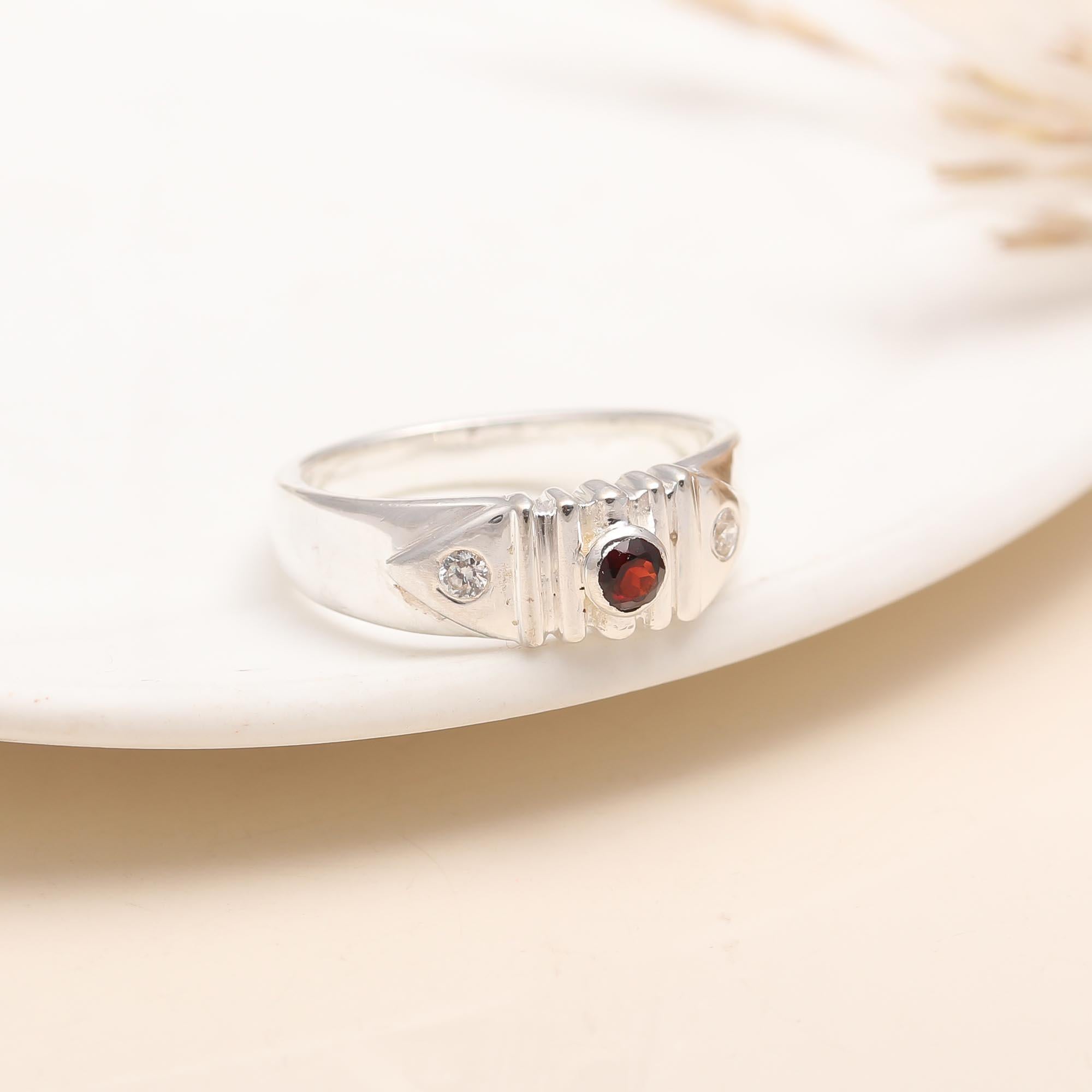 925 Silver Garnet and White CZ Bold Band Ring