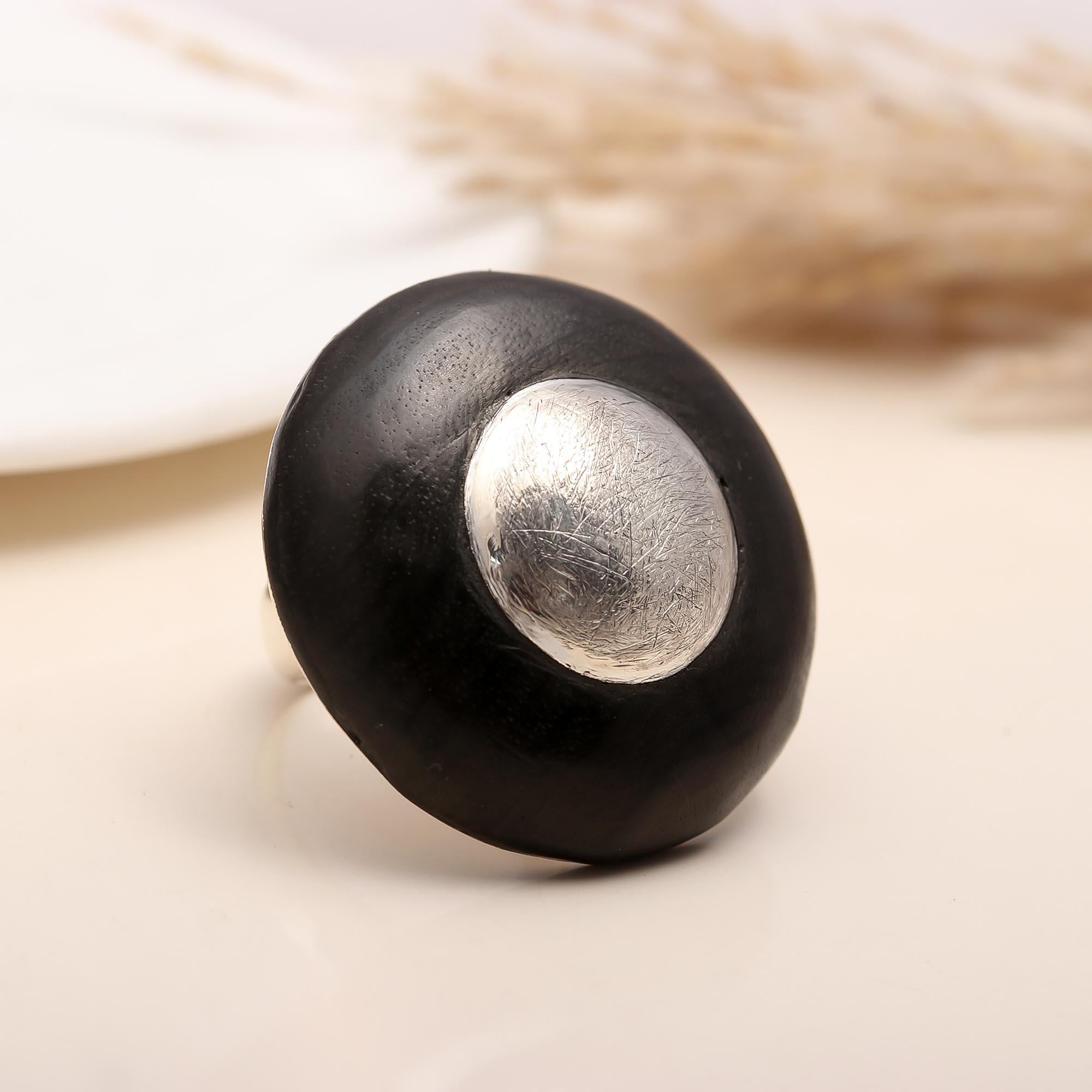 925 Silver Black Dome Ring with Silver Center close-up