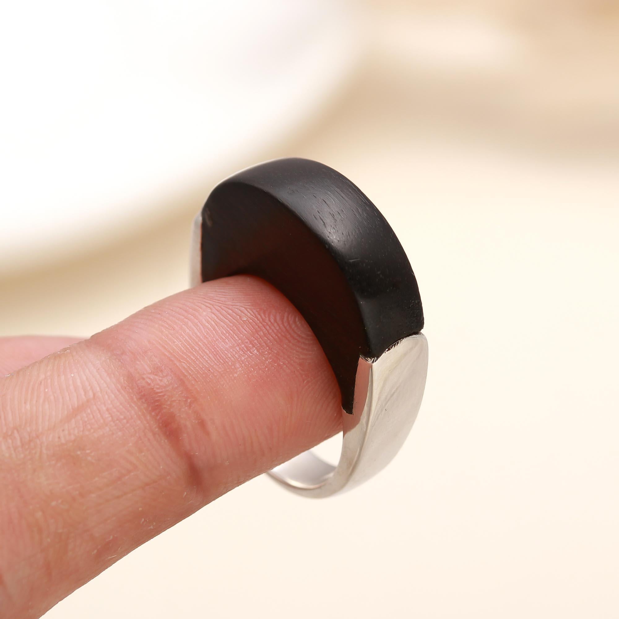 Unisex minimalist half dome silver ring with black finish