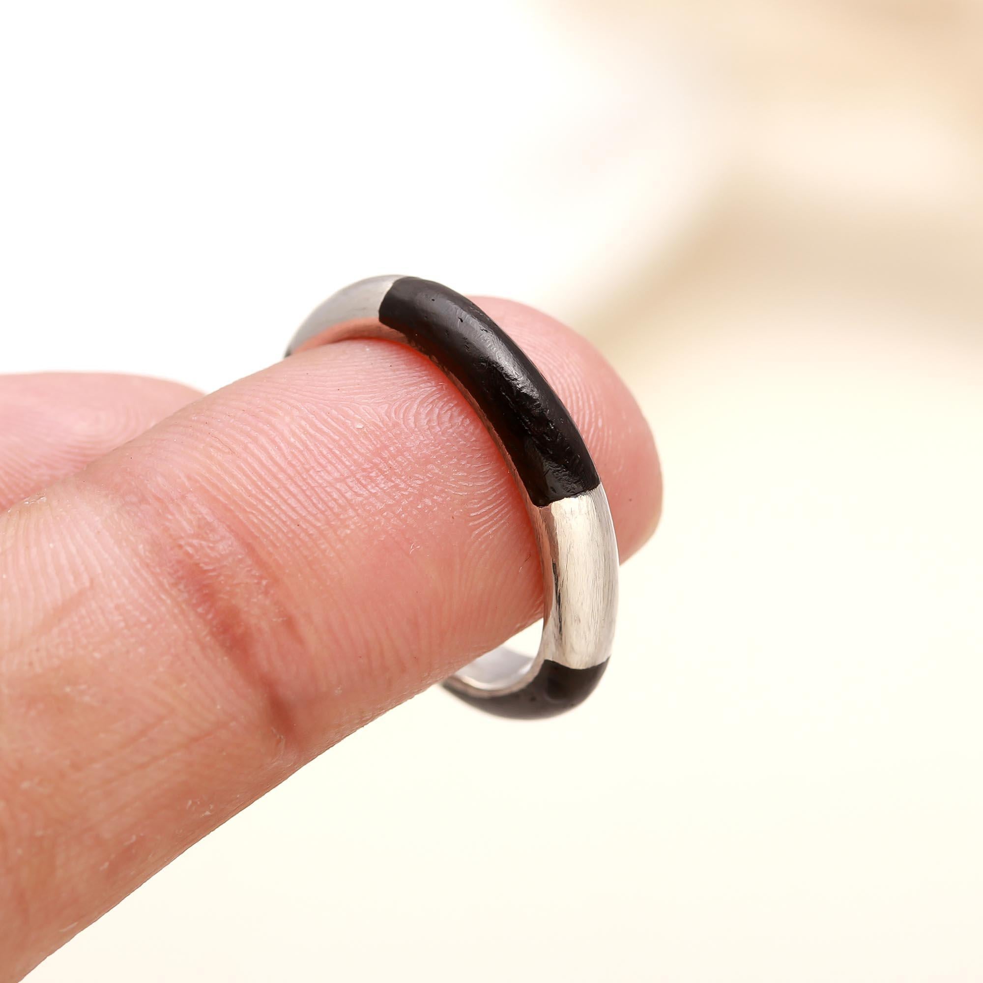 Minimalist sterling silver band ring with black stripe