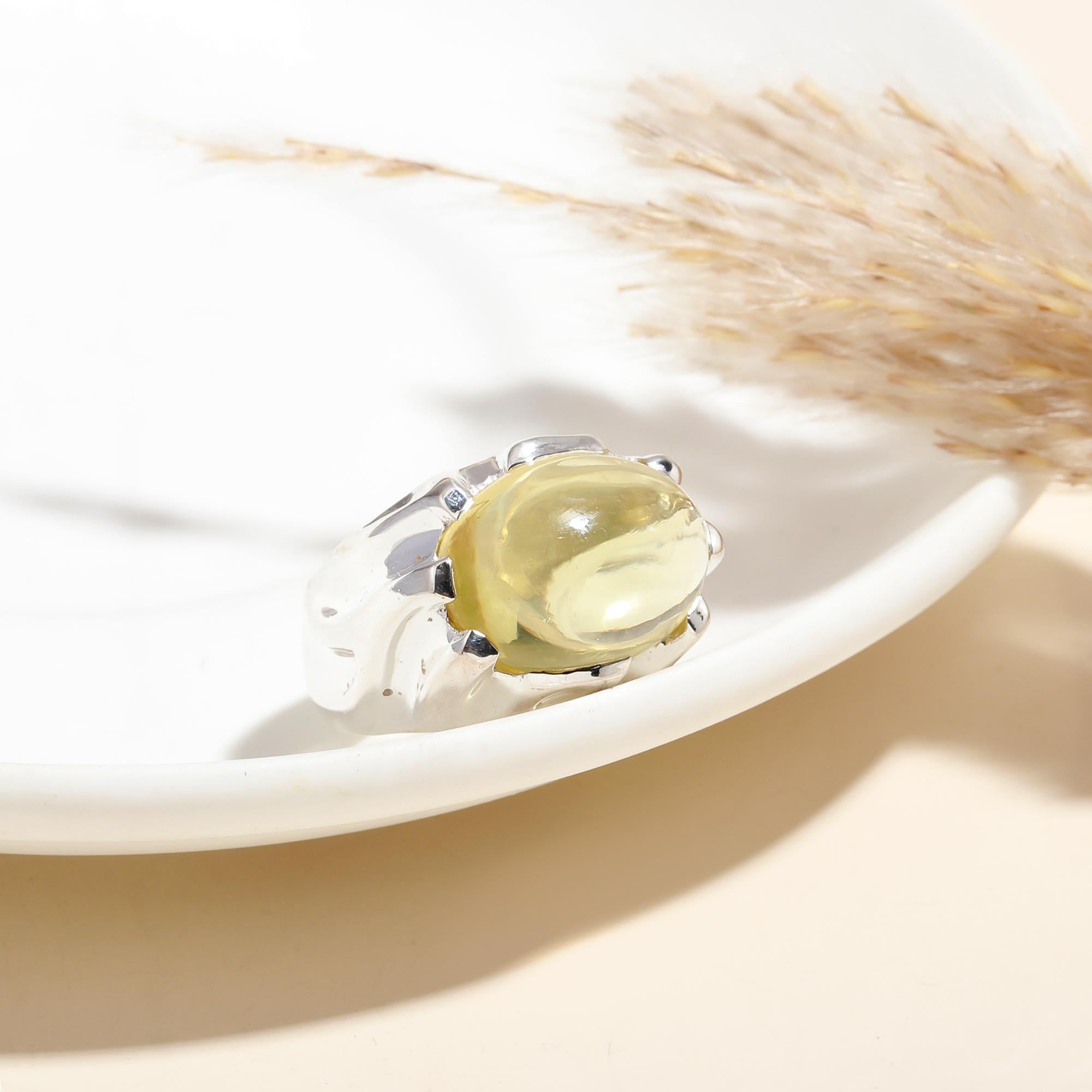 925 Silver Wide Band Ring with Green Amber Cabochon close-up