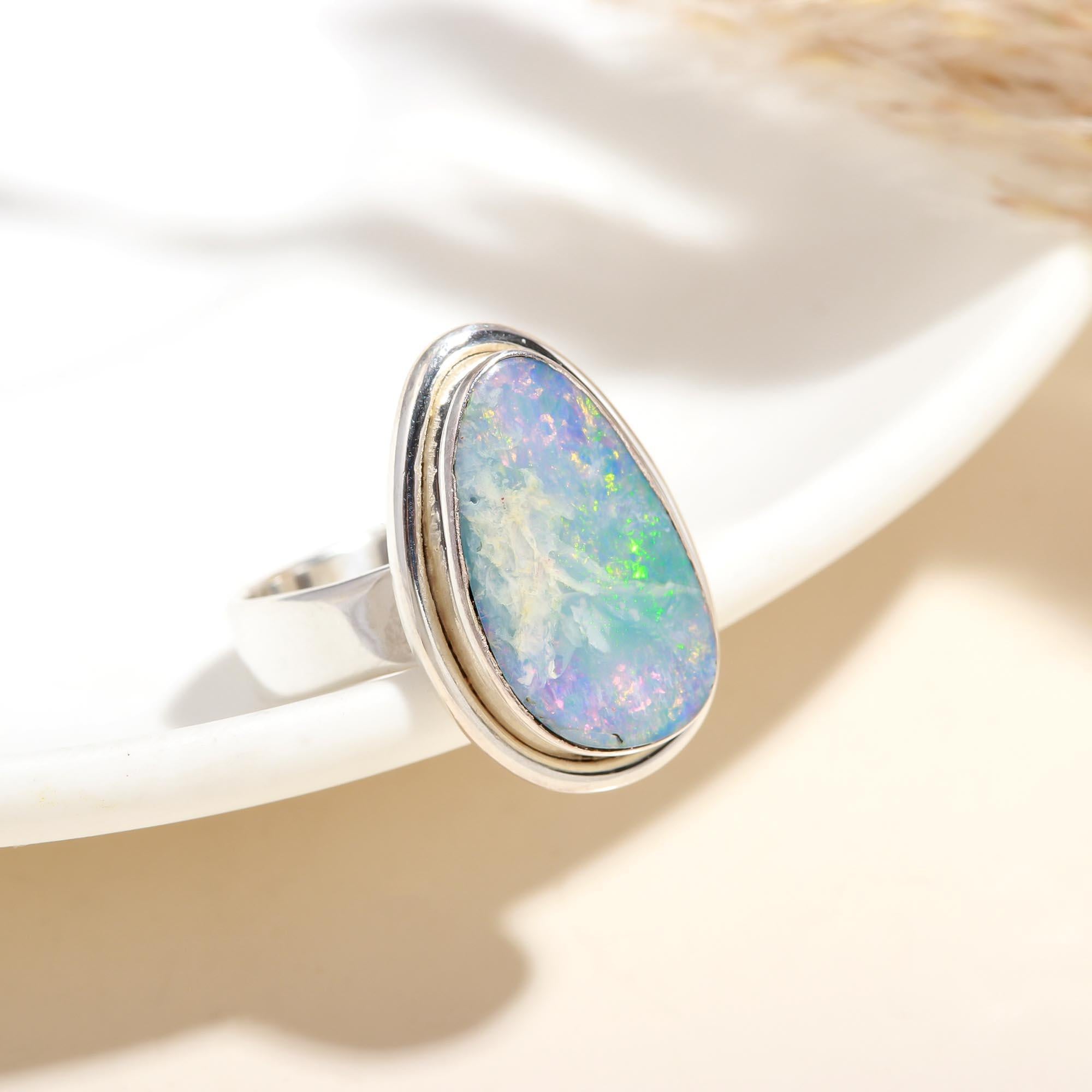 925 Silver Oval Blue Opal Ring close-up