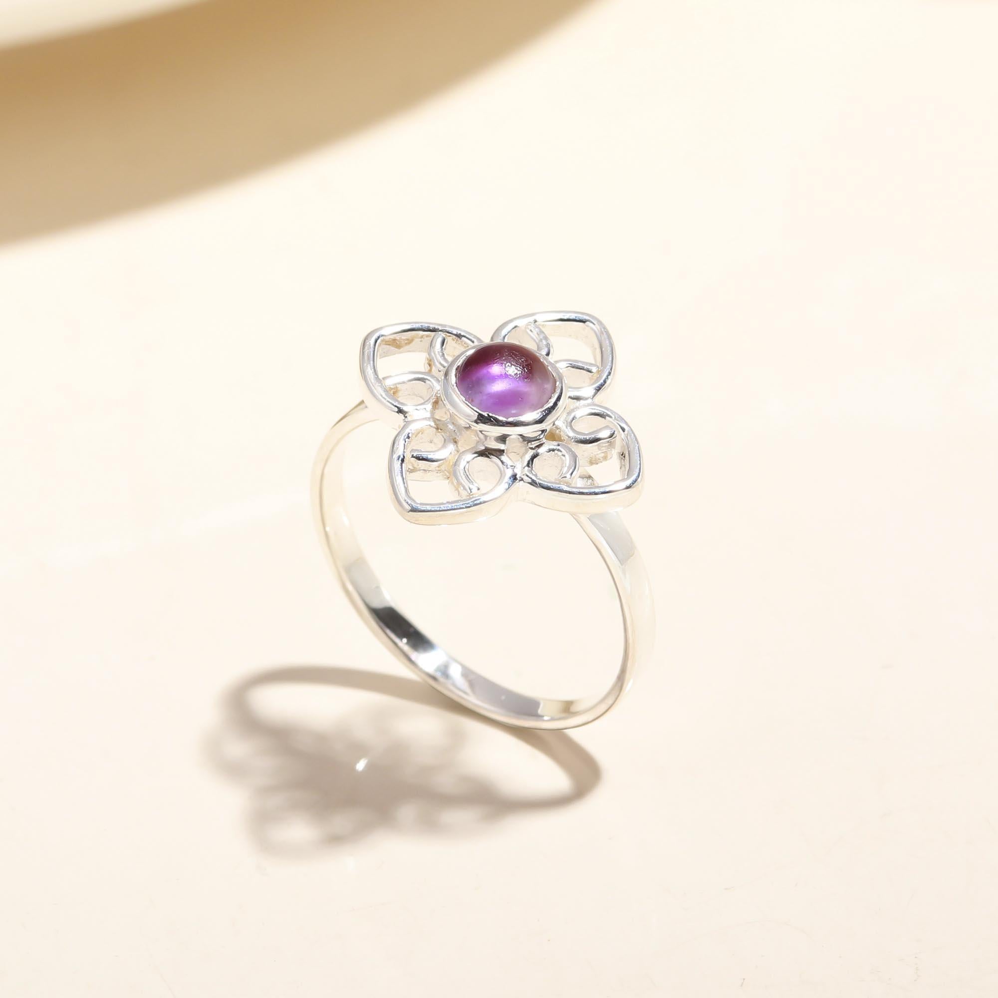 Handmade sterling silver floral filigree amethyst ring