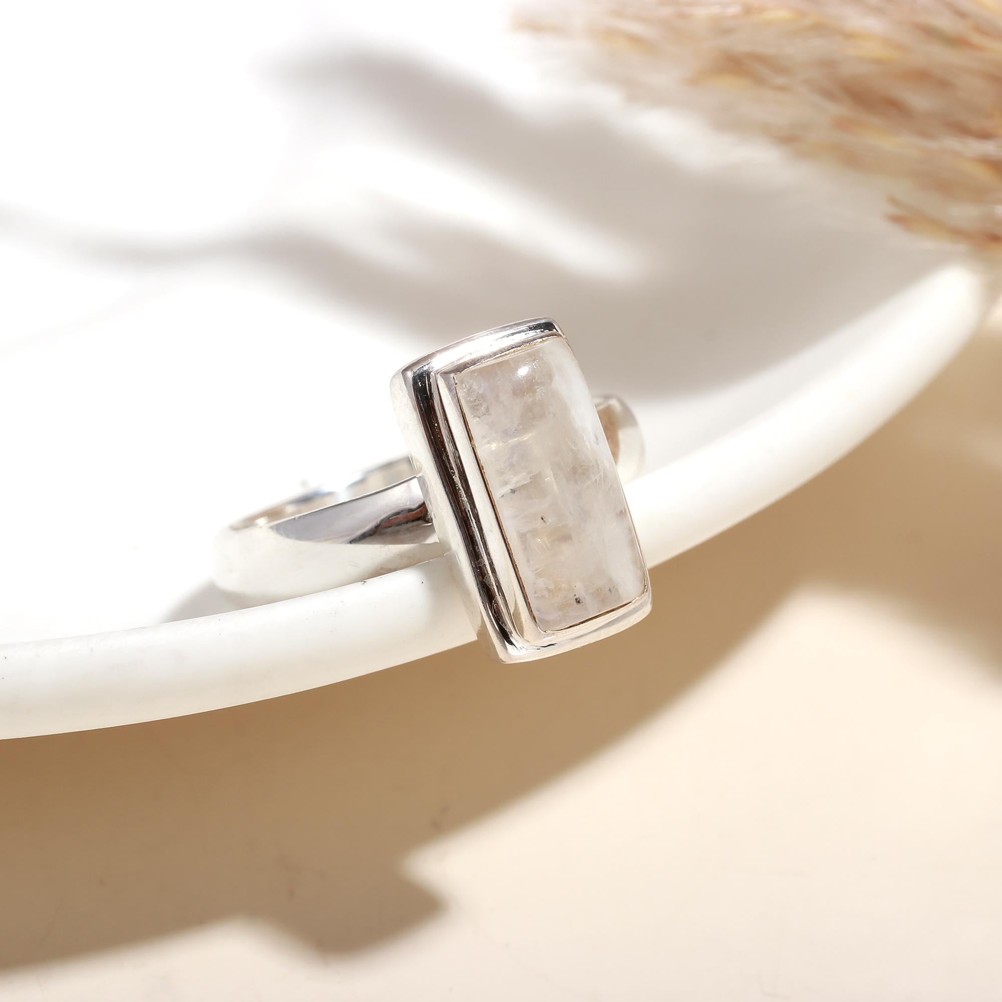 925 Silver Rectangular Moonstone Ring front view