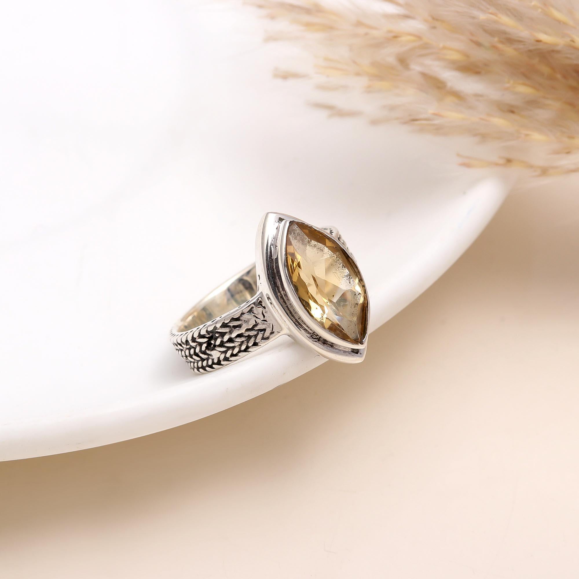925 Silver Marquise Cut Citrine Ring with Woven Band front view