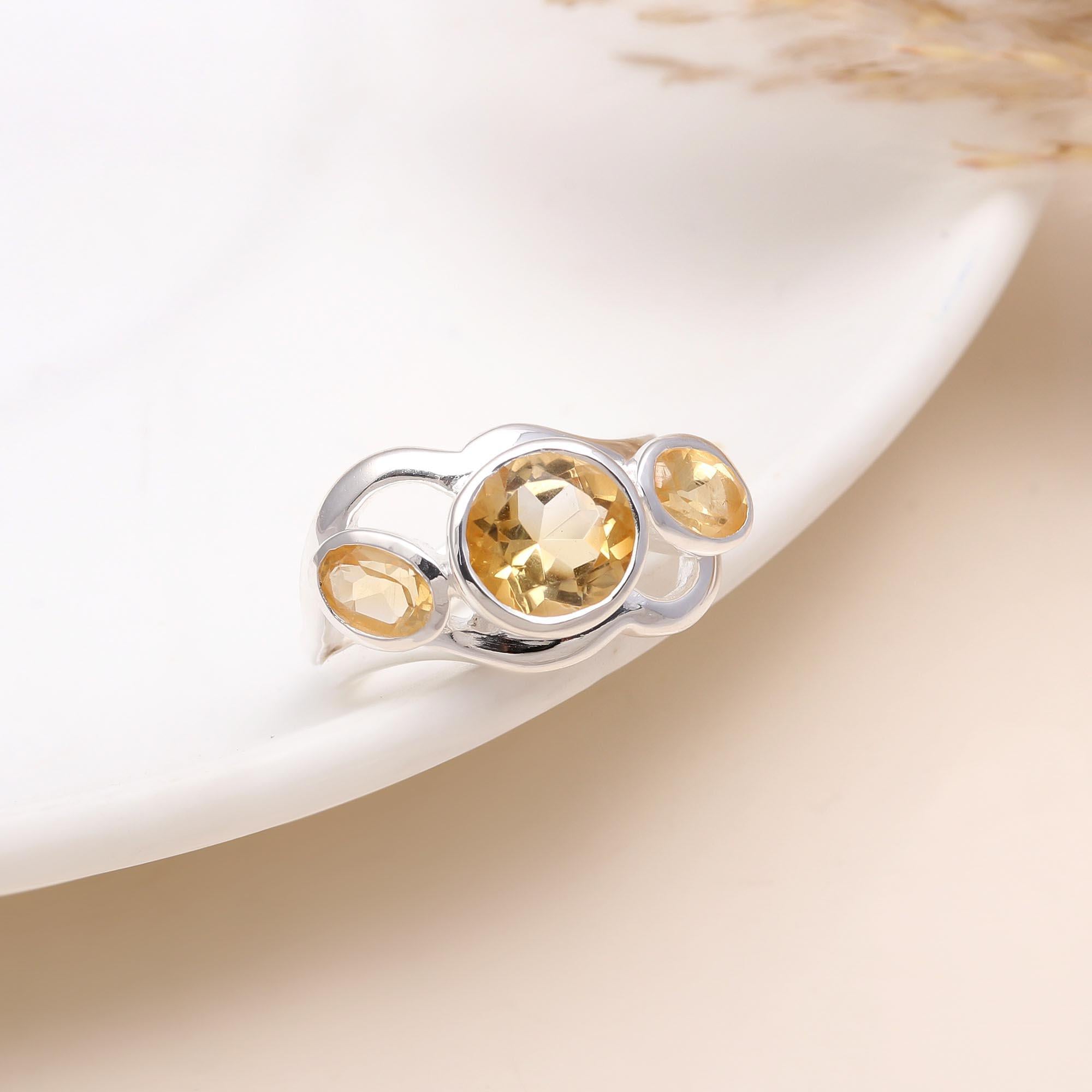 925 Silver Three Stone Citrine Designer Ring front view