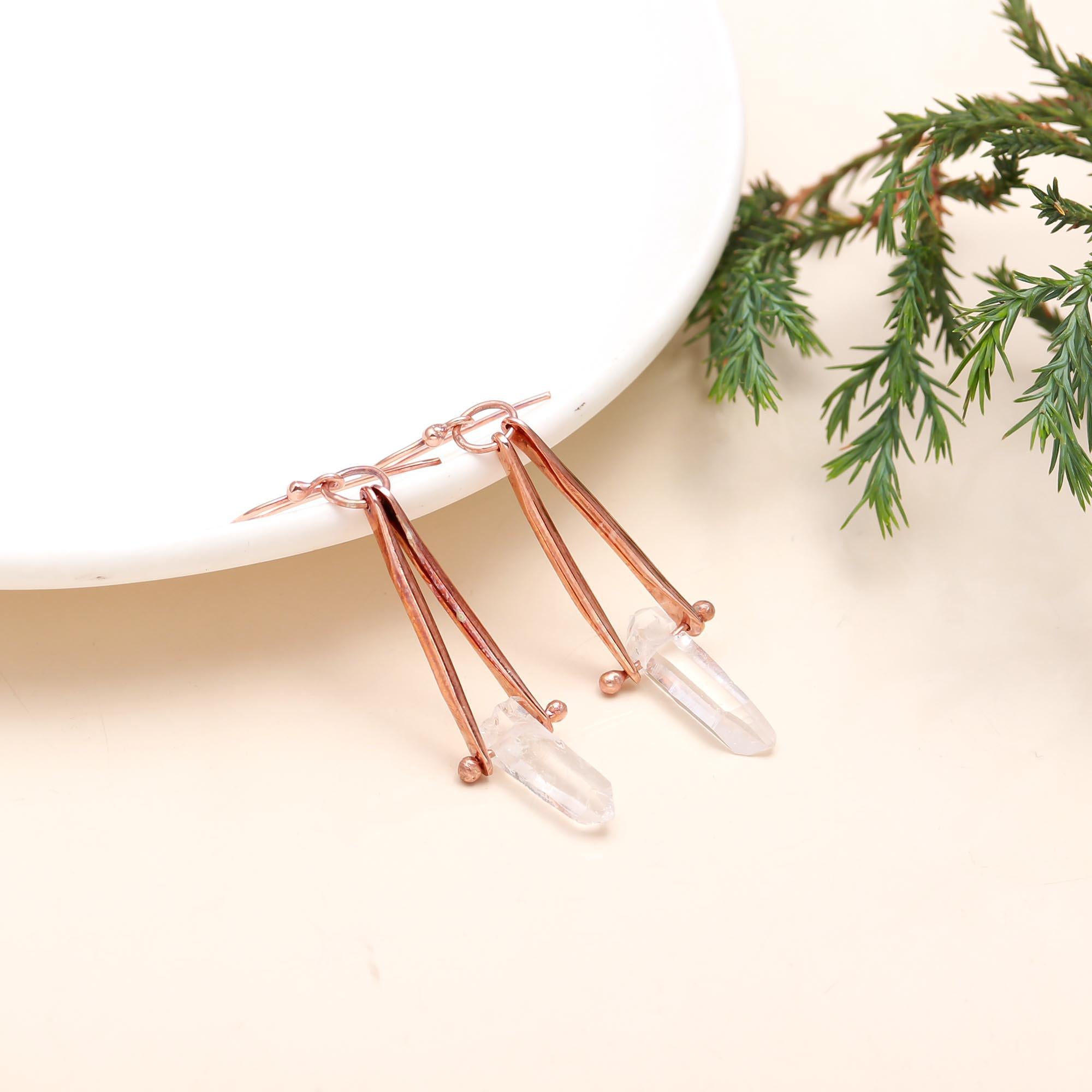 The Crystalline Apex: Raw Quartz & Rose Gold Drop Earrings