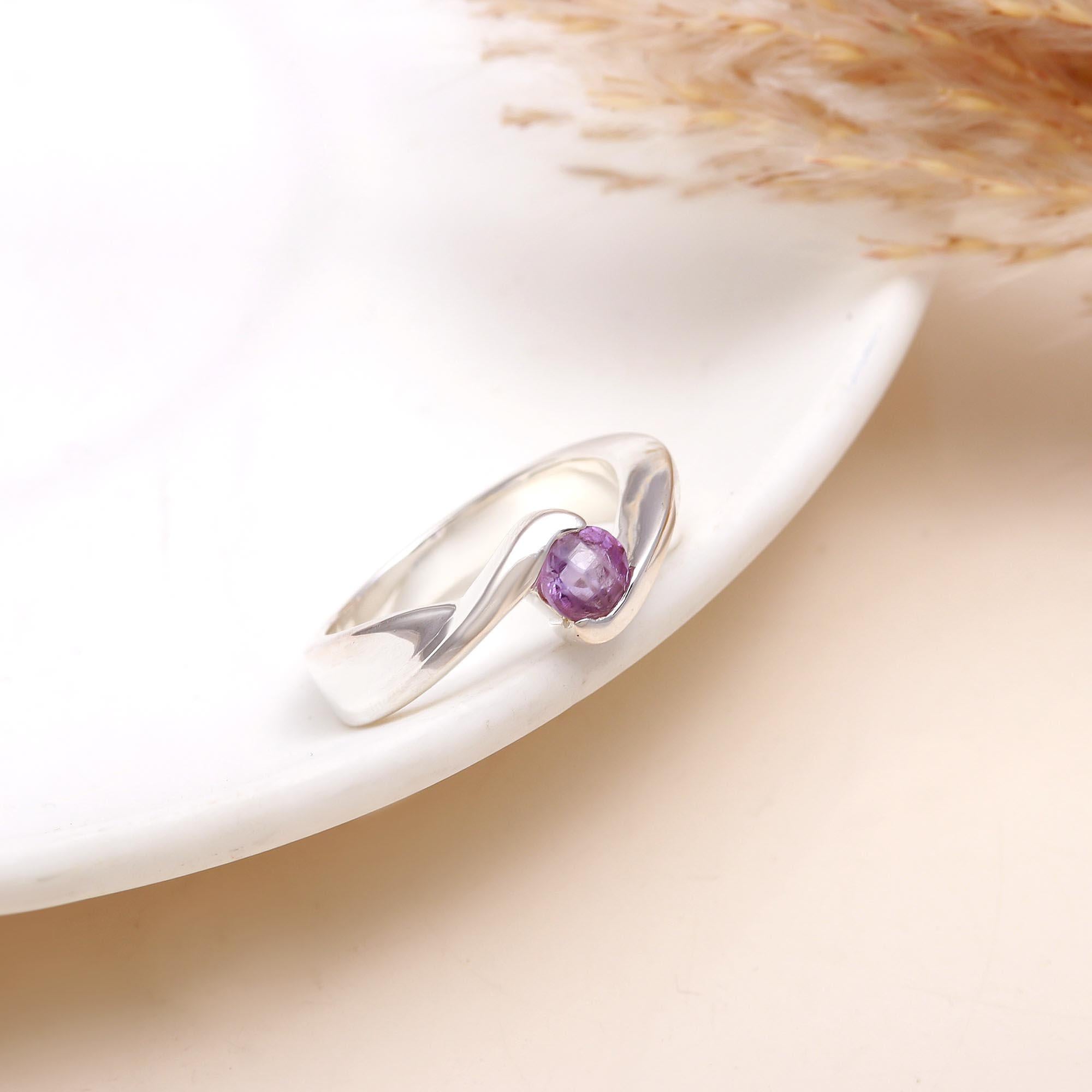 925 Silver Bypass Ring with Round Amethyst Stone front view