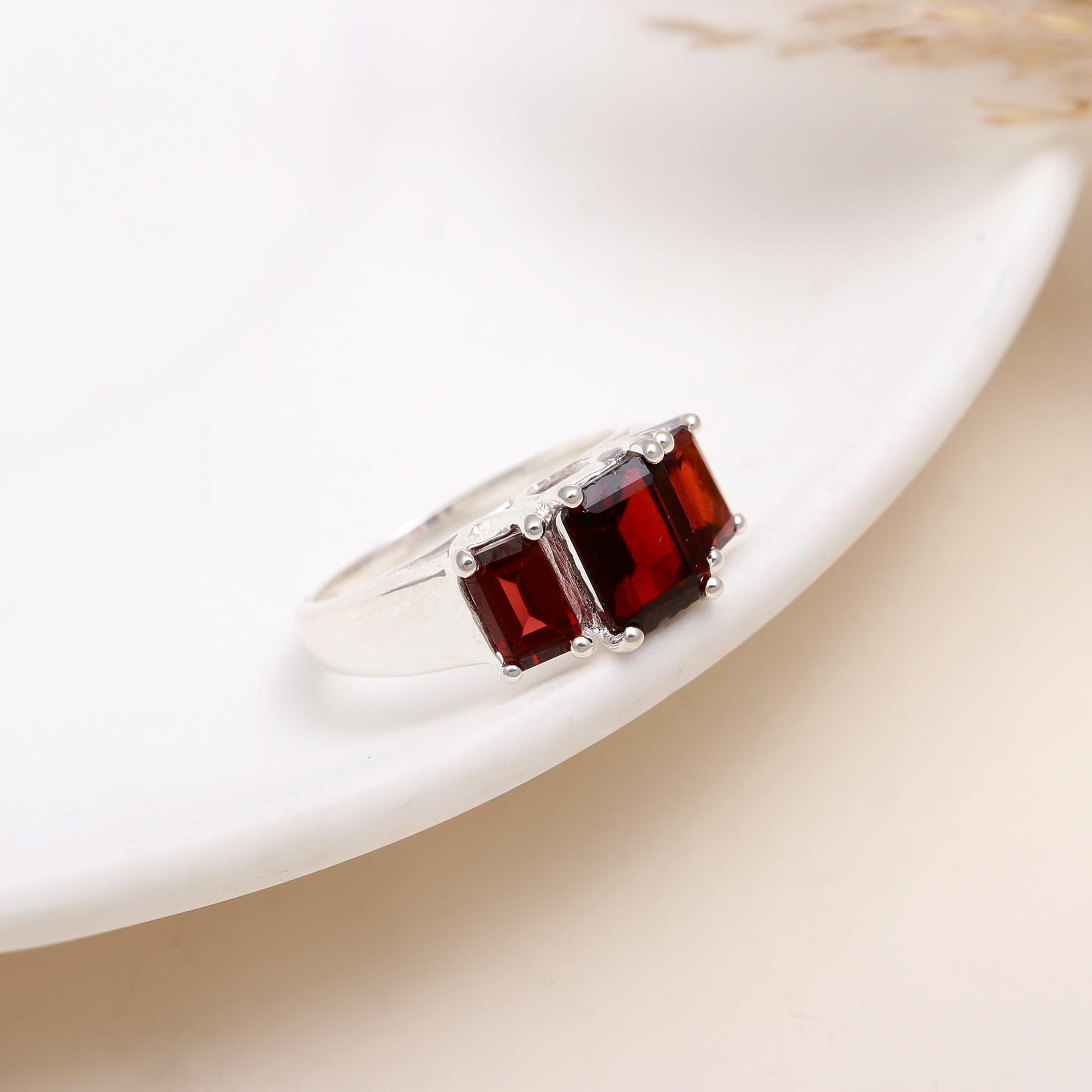 925 Silver Emerald Cut Garnet Three-Stone Ring front view