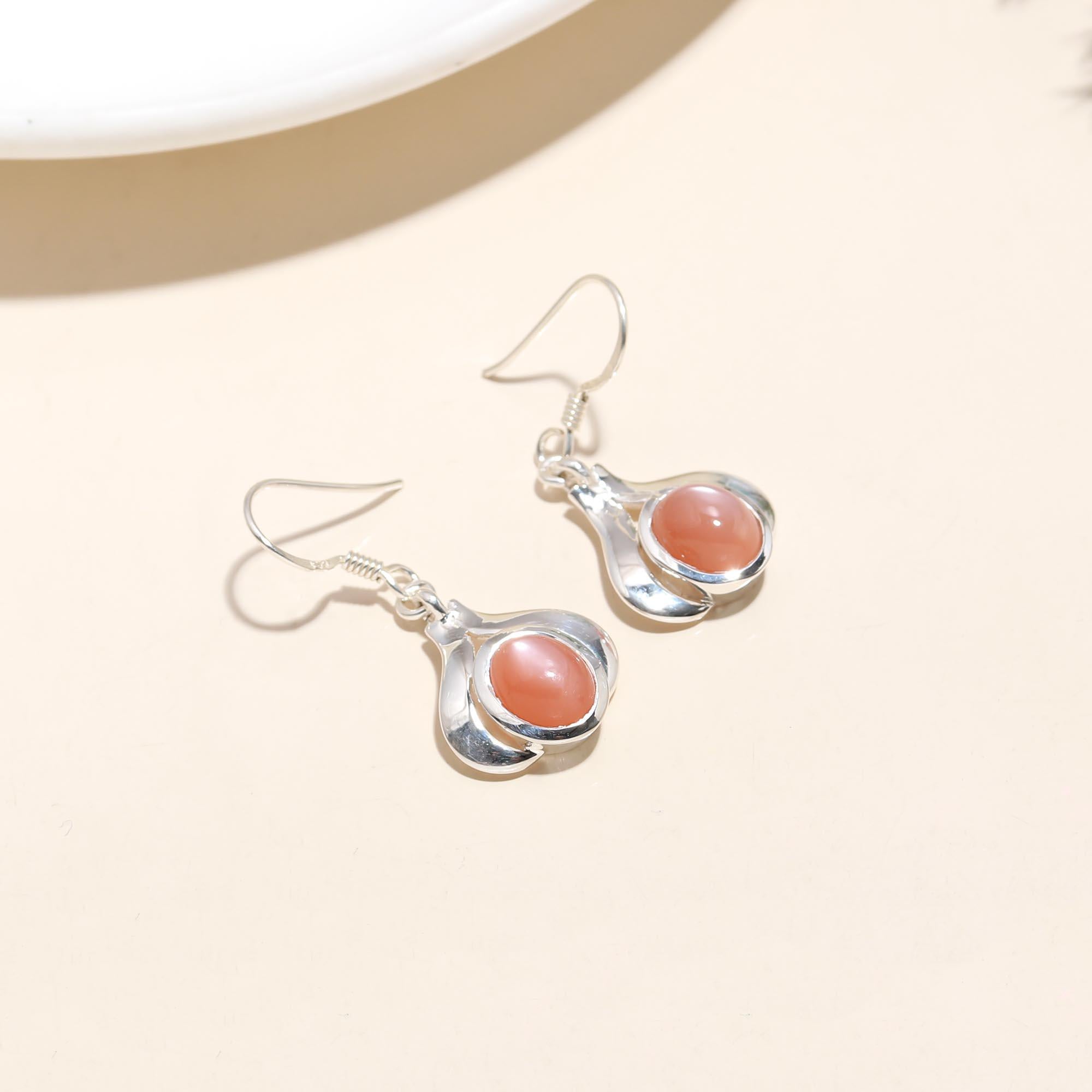 925 Silver Pink Cat Eye Dangle Earrings