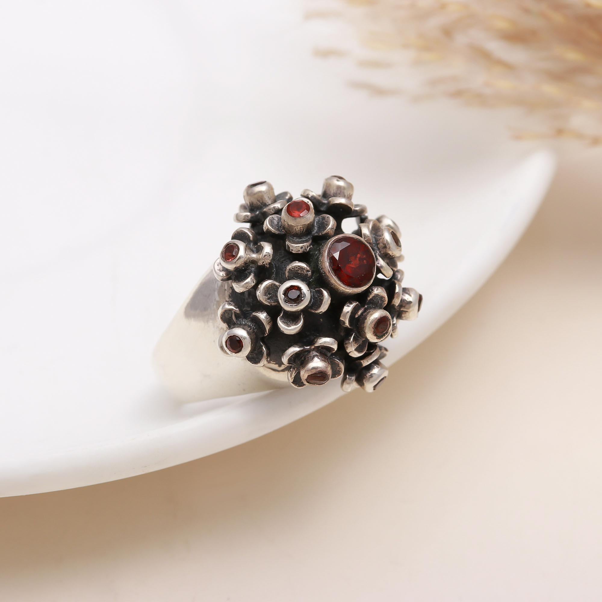 925 Silver Garnet Cluster Dome Ring front view