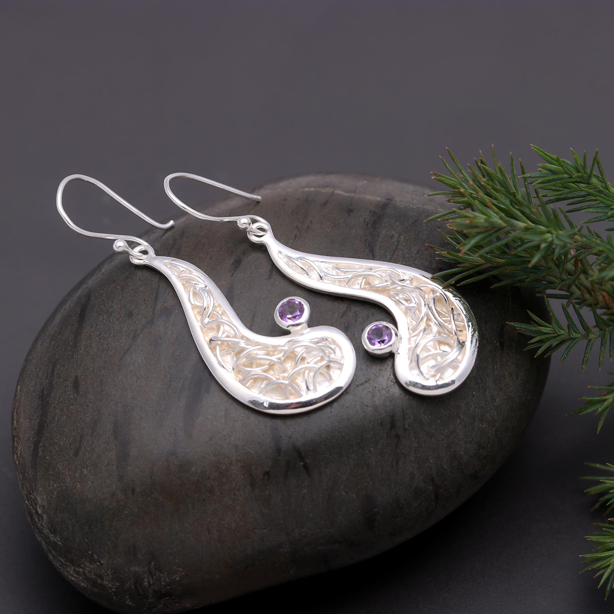 925 Silver Amethyst Paisley Dangle Earrings