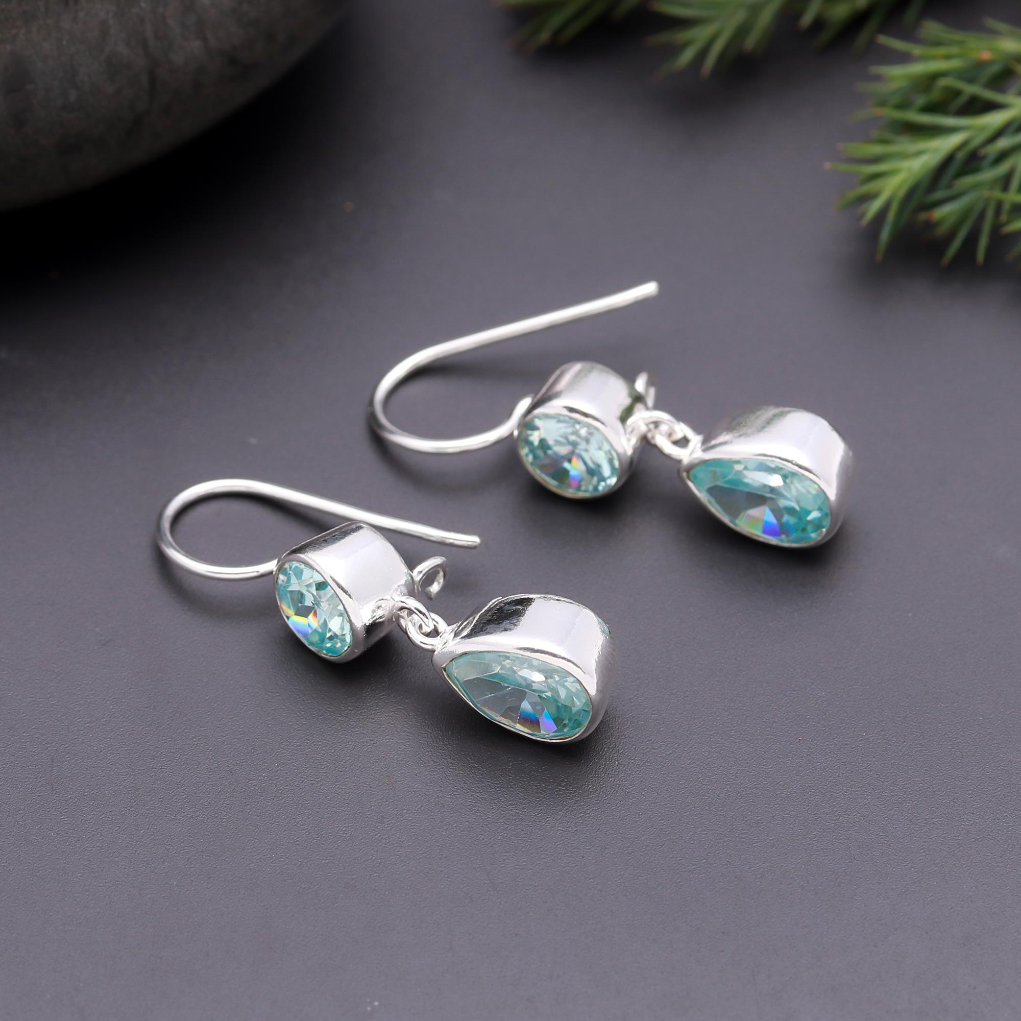 925 Silver Aqua Blue Topaz Teardrop Dangle Earrings