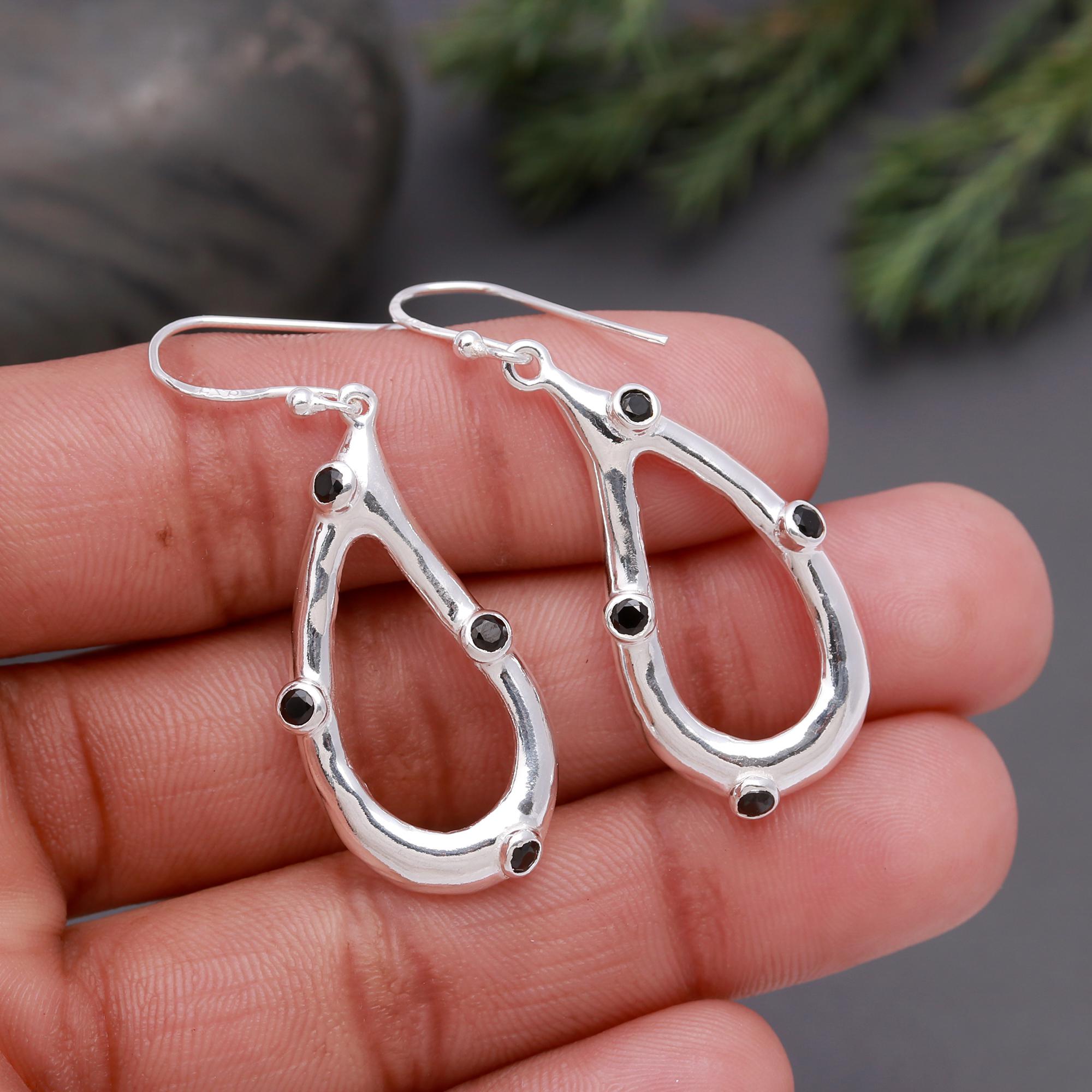 925 Silver Black Spinel Teardrop Dangle Earrings