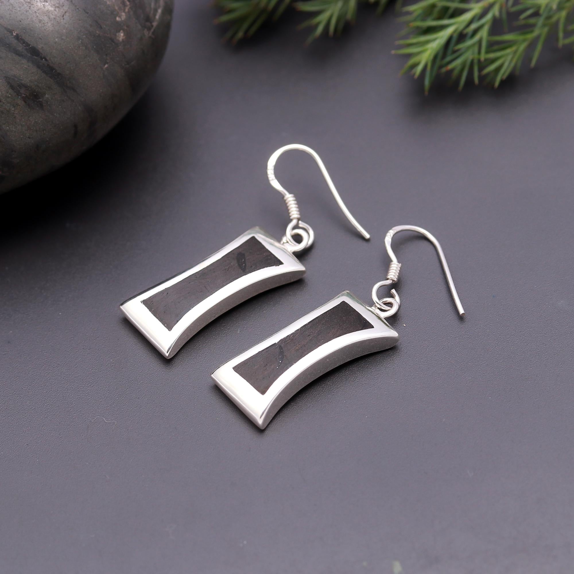 925 Silver Black Wood Inlay Dangle Earrings