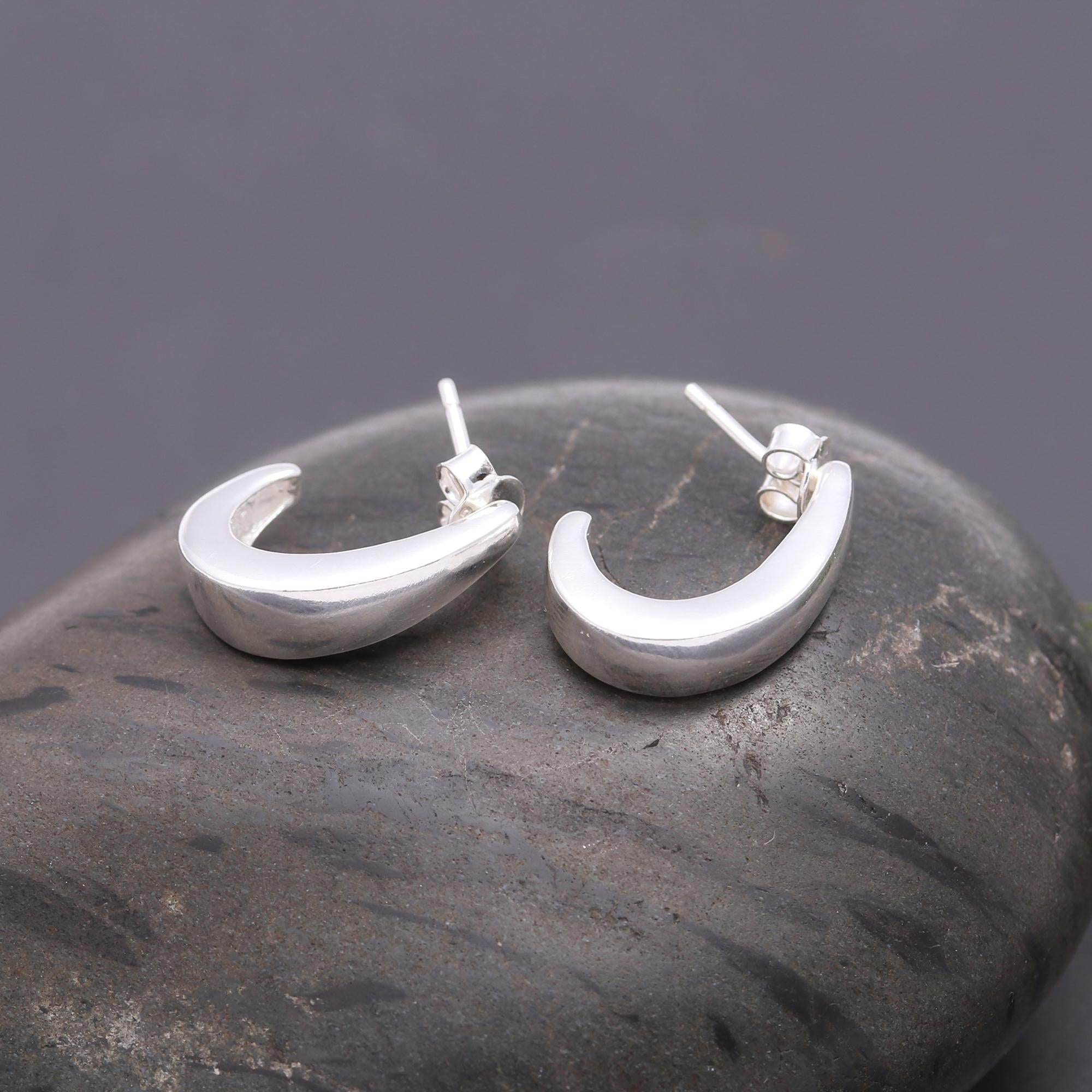 925 Silver Chunky Crescent Hoop Stud Earrings