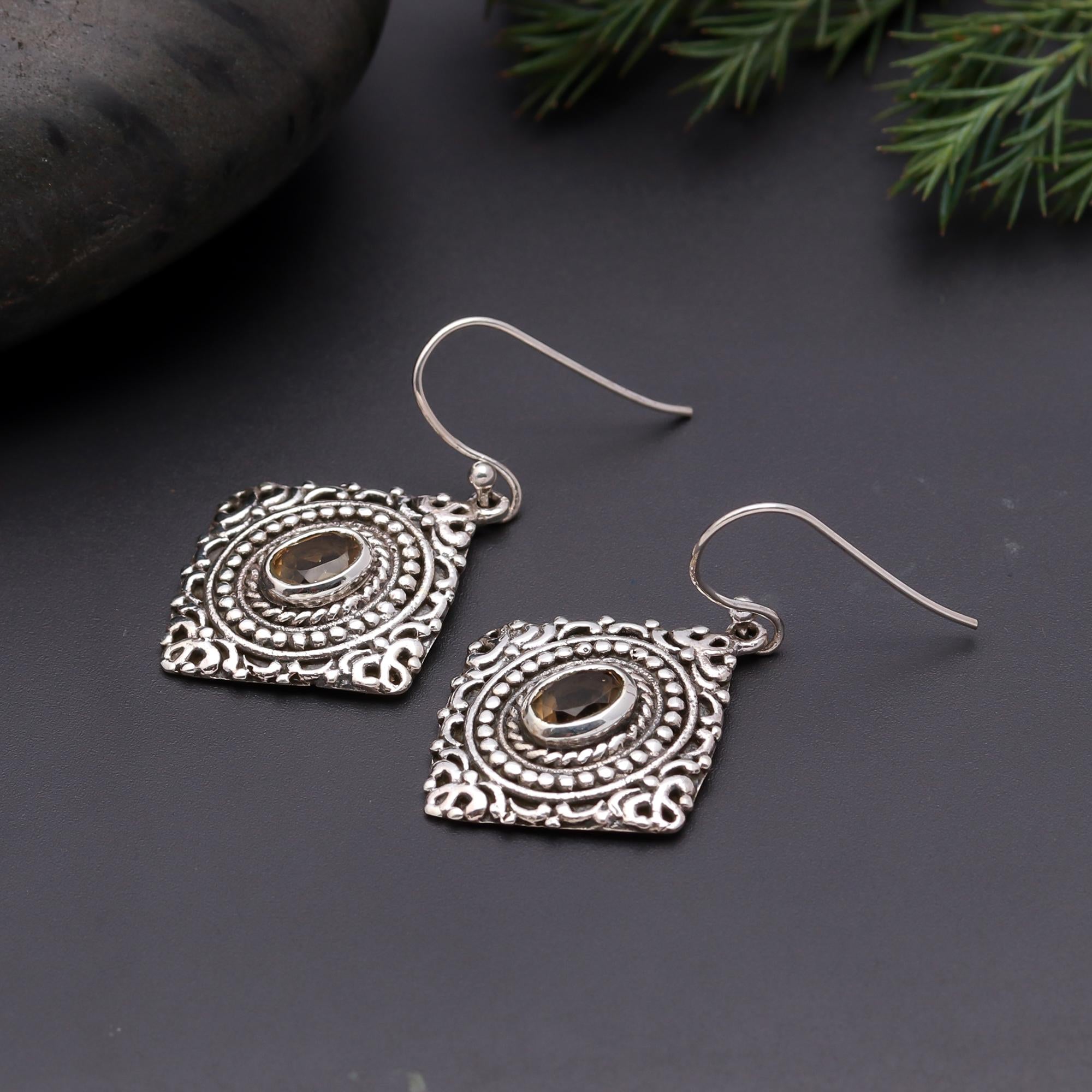 925 Silver Citrine Filigree Dangle Earrings