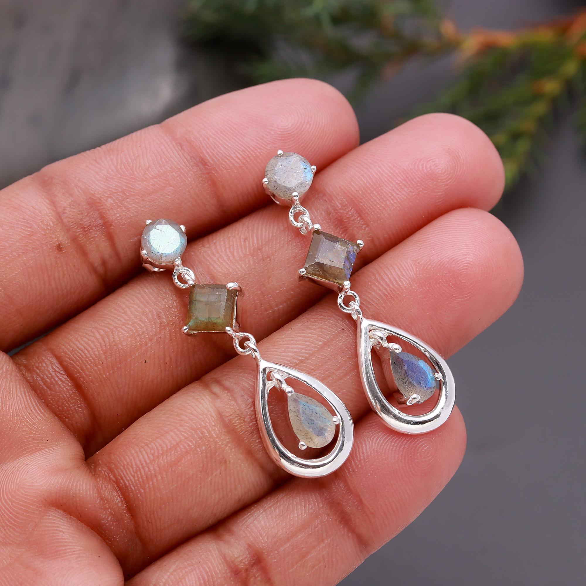 925 Silver Labradorite Multi-Stone Drop Earrings