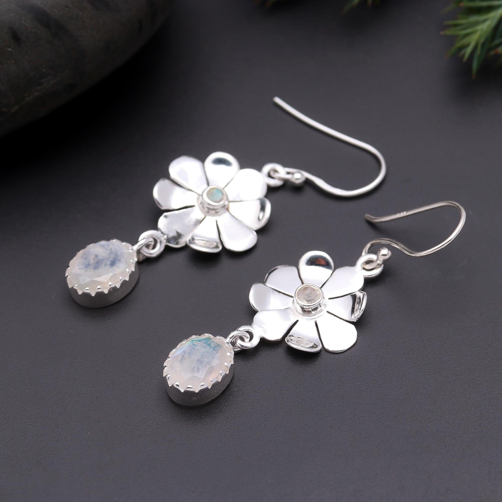 925 Silver Moonstone Floral Dangle Earrings