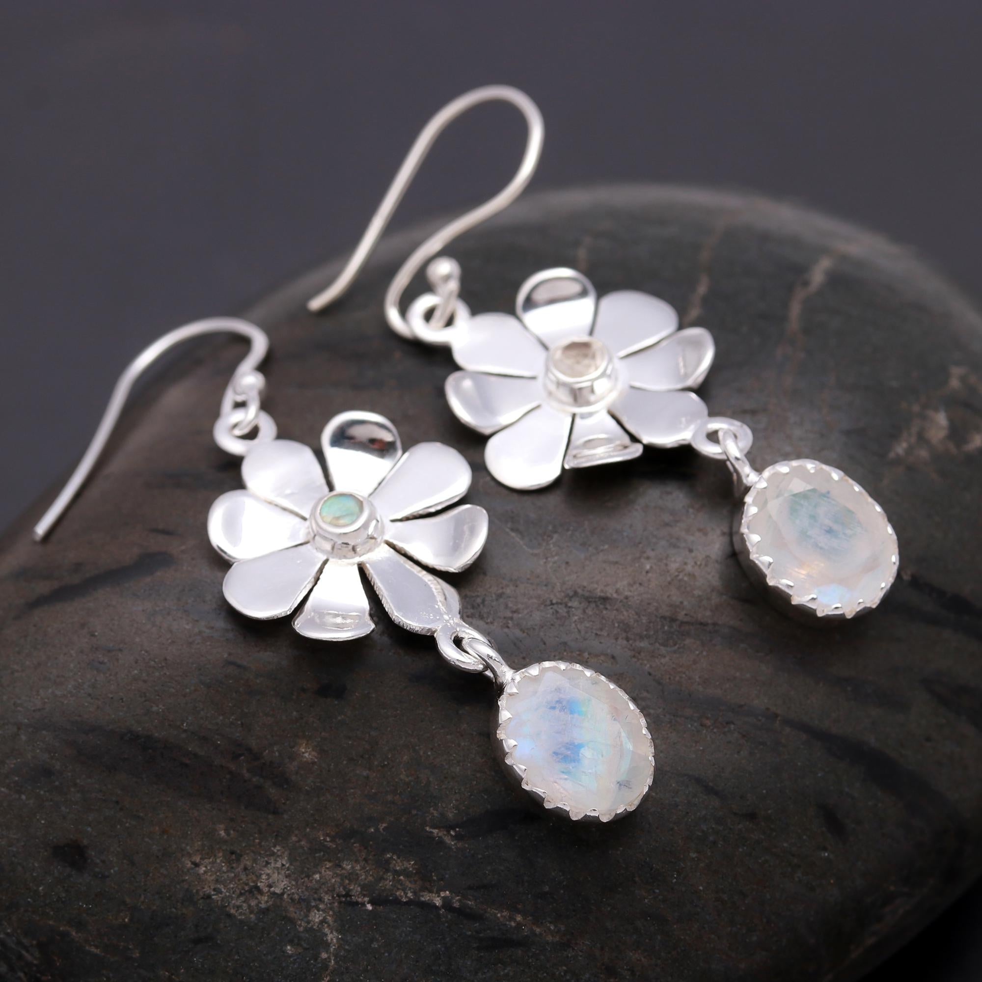 925 Silver Moonstone Floral Dangle Earrings