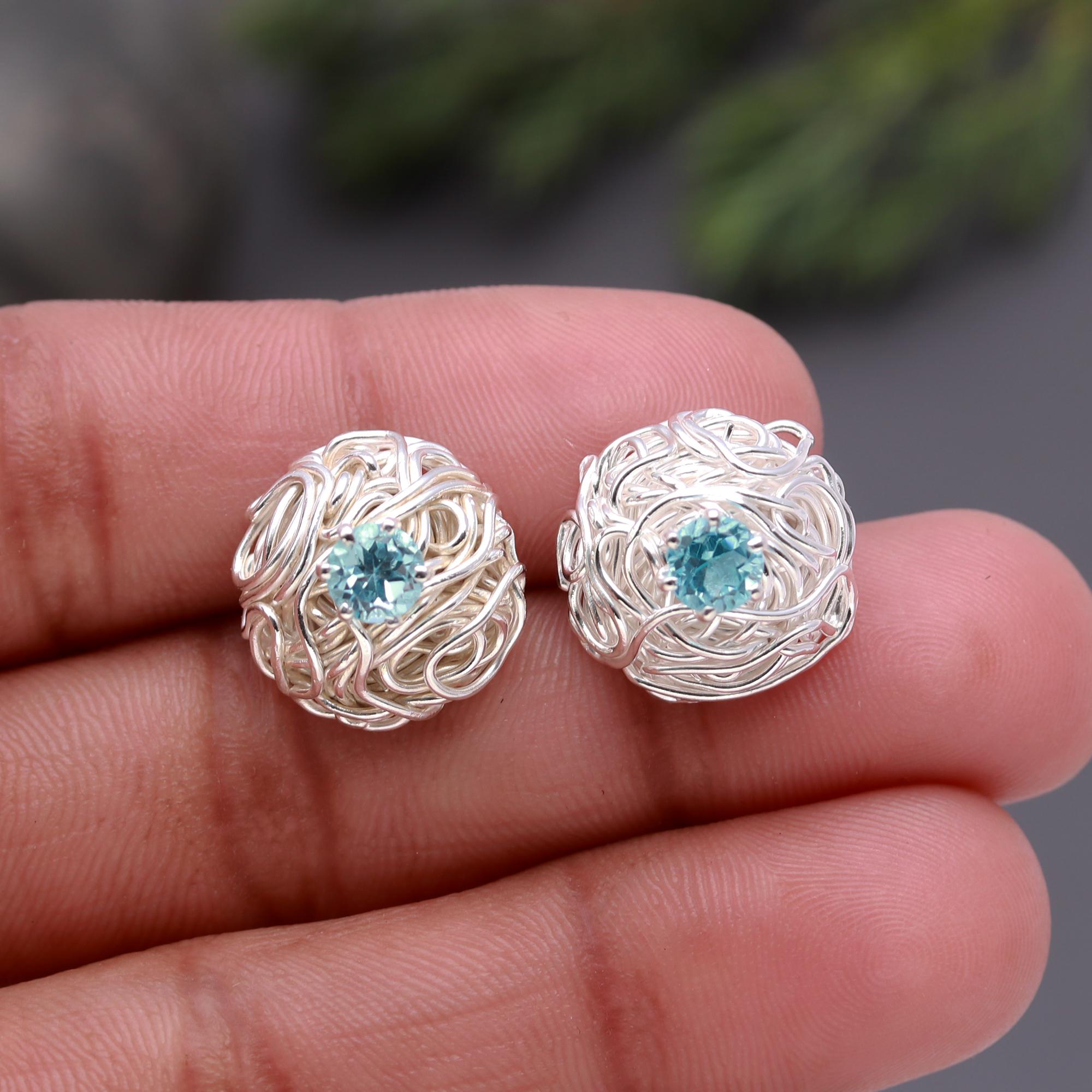 925 Silver Nest Blue Topaz Stud Earrings
