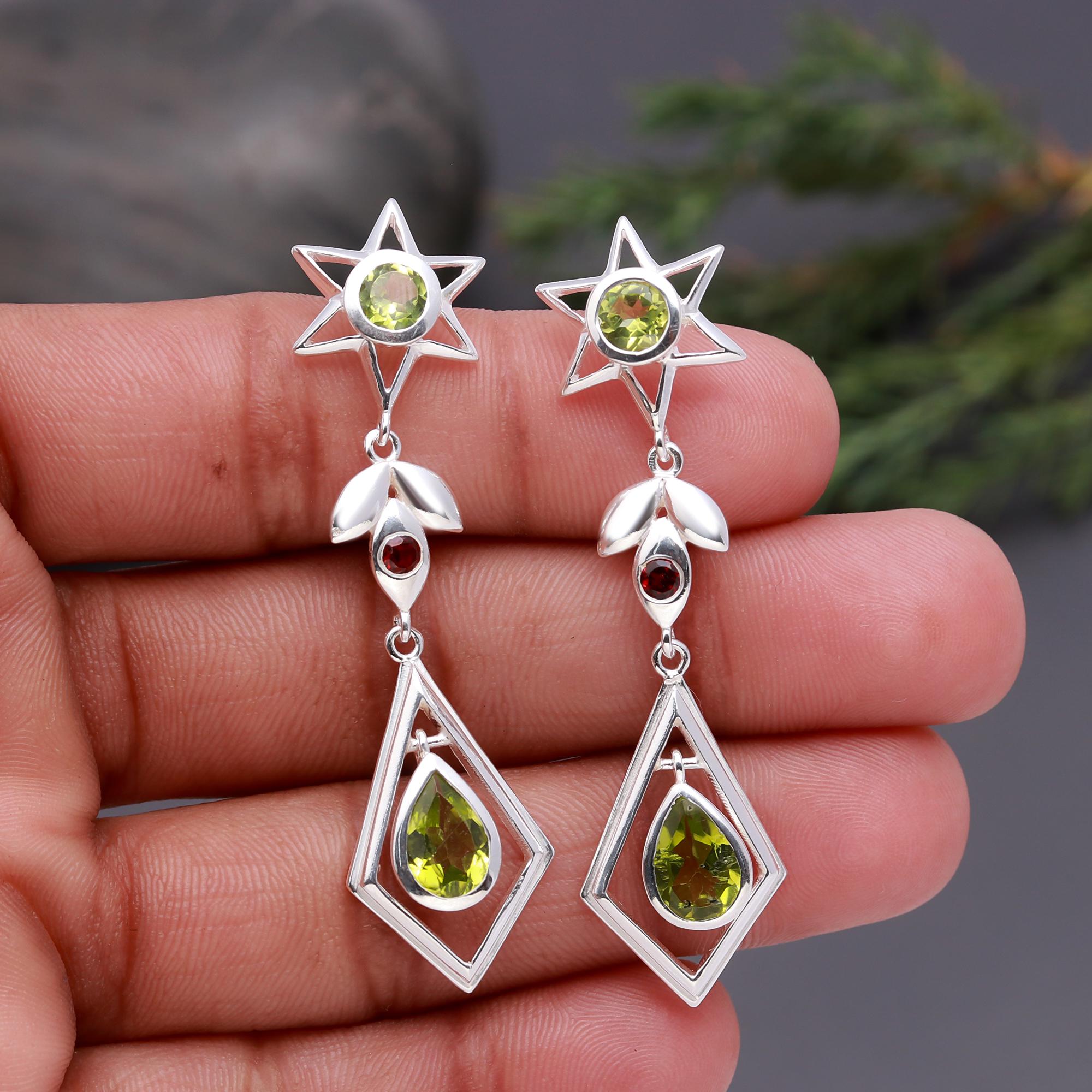 925 Silver Peridot and Garnet Star Drop Earrings