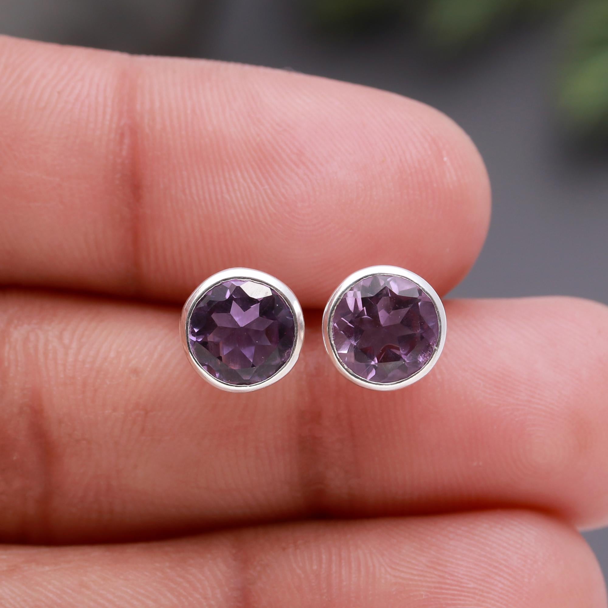 925 Silver Round Amethyst Stud Earrings