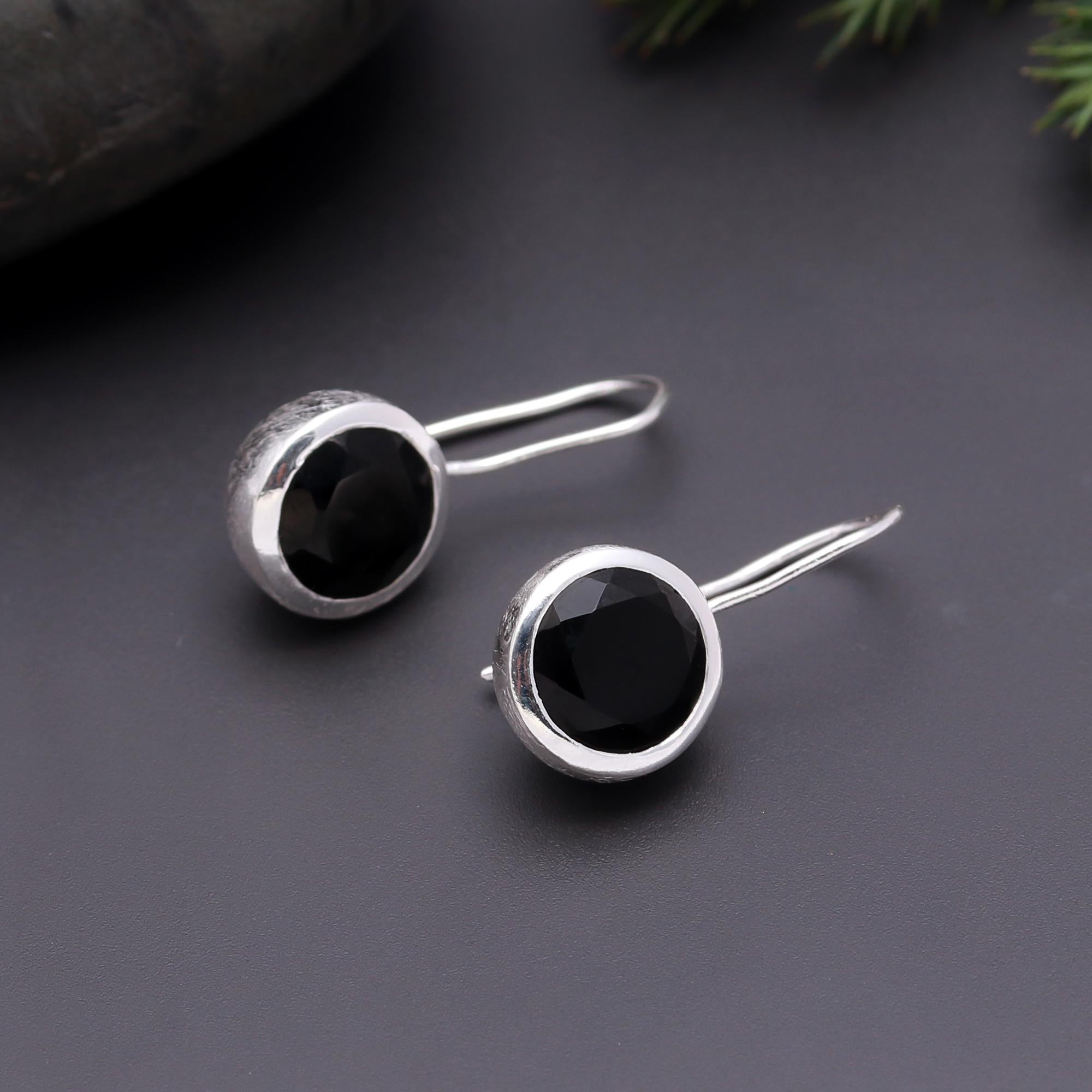 925 Silver Round Black Onyx Dangle Earrings