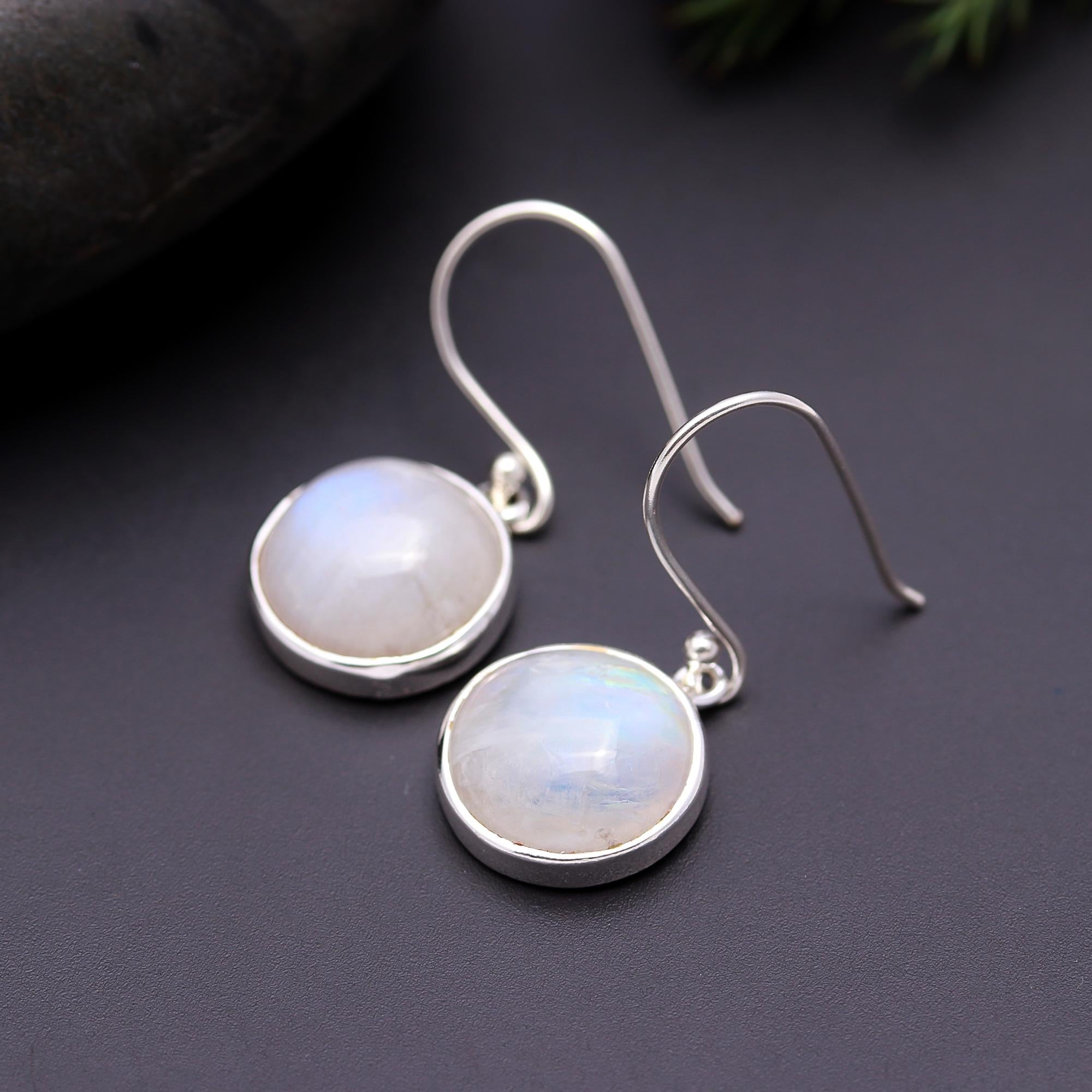 925 Silver Round Moonstone Dangle Earrings