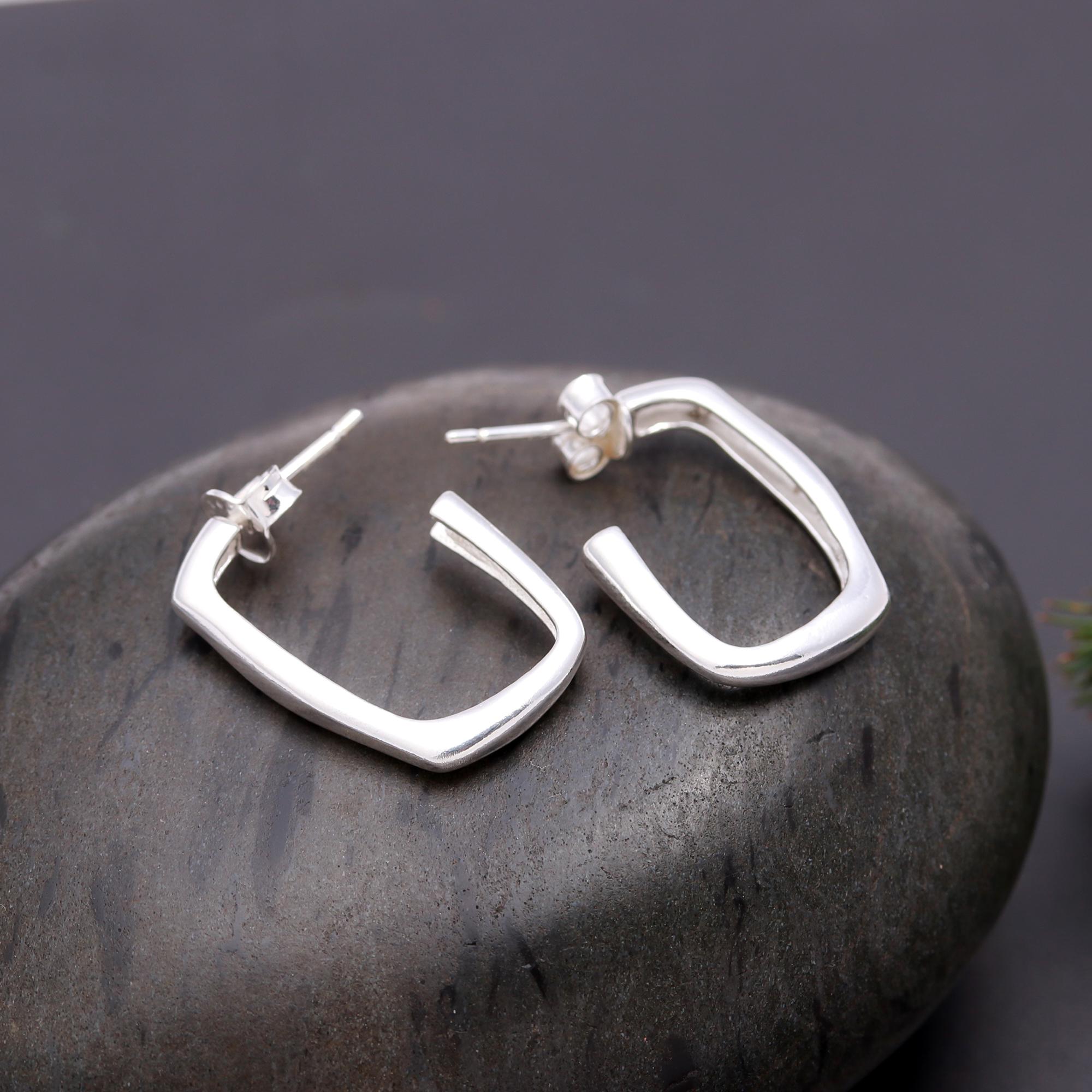 925 Silver Square Hoop Stud Earrings