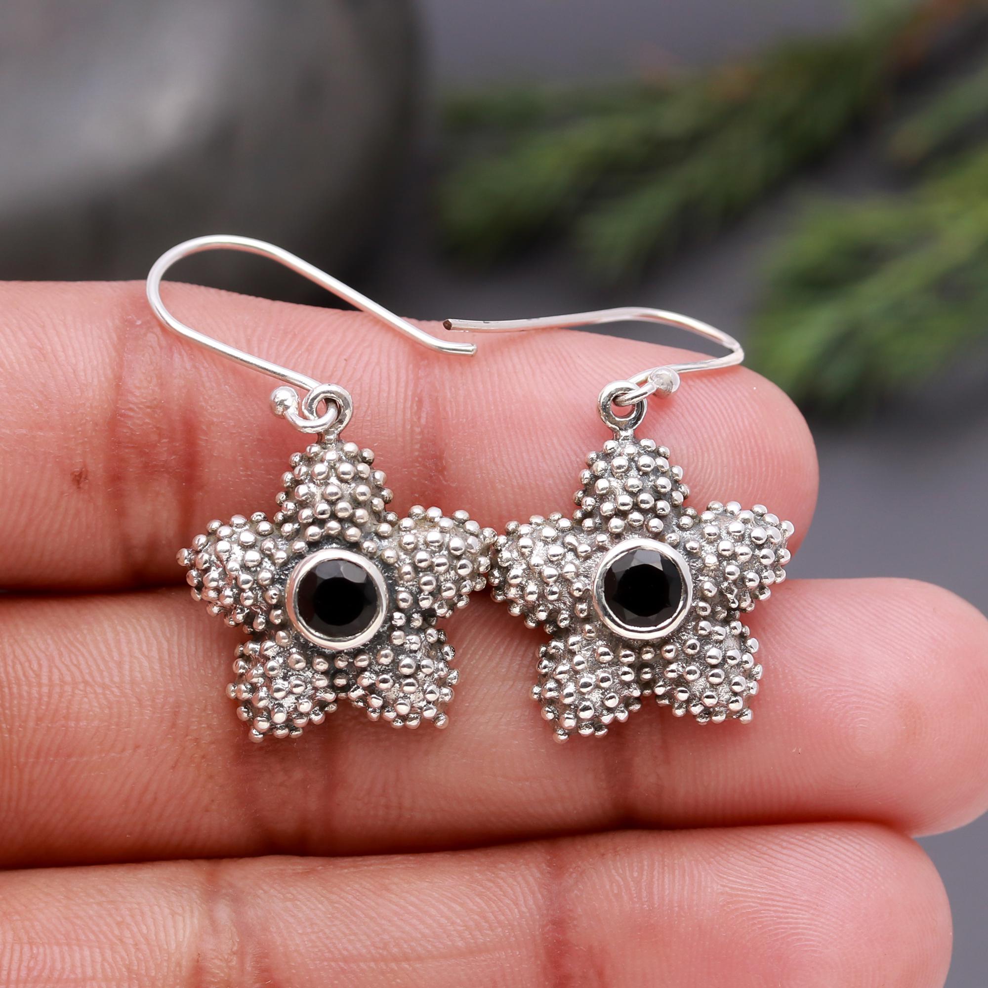 925 Silver Starfish Black Onyx Dangle Earrings