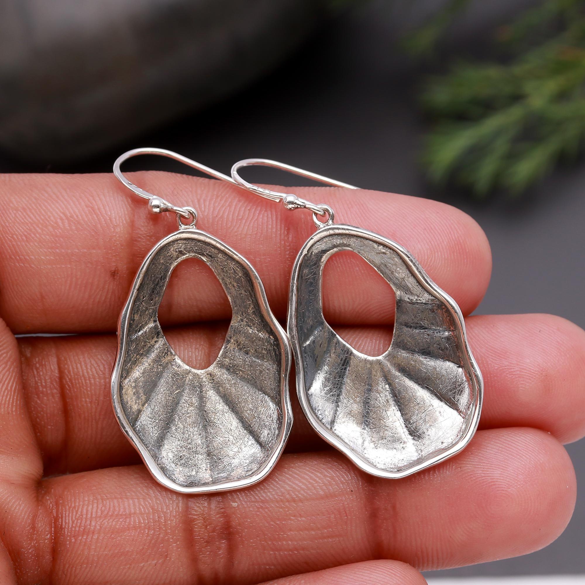 925 Silver Textured Hollow Drop Dangle Earrings