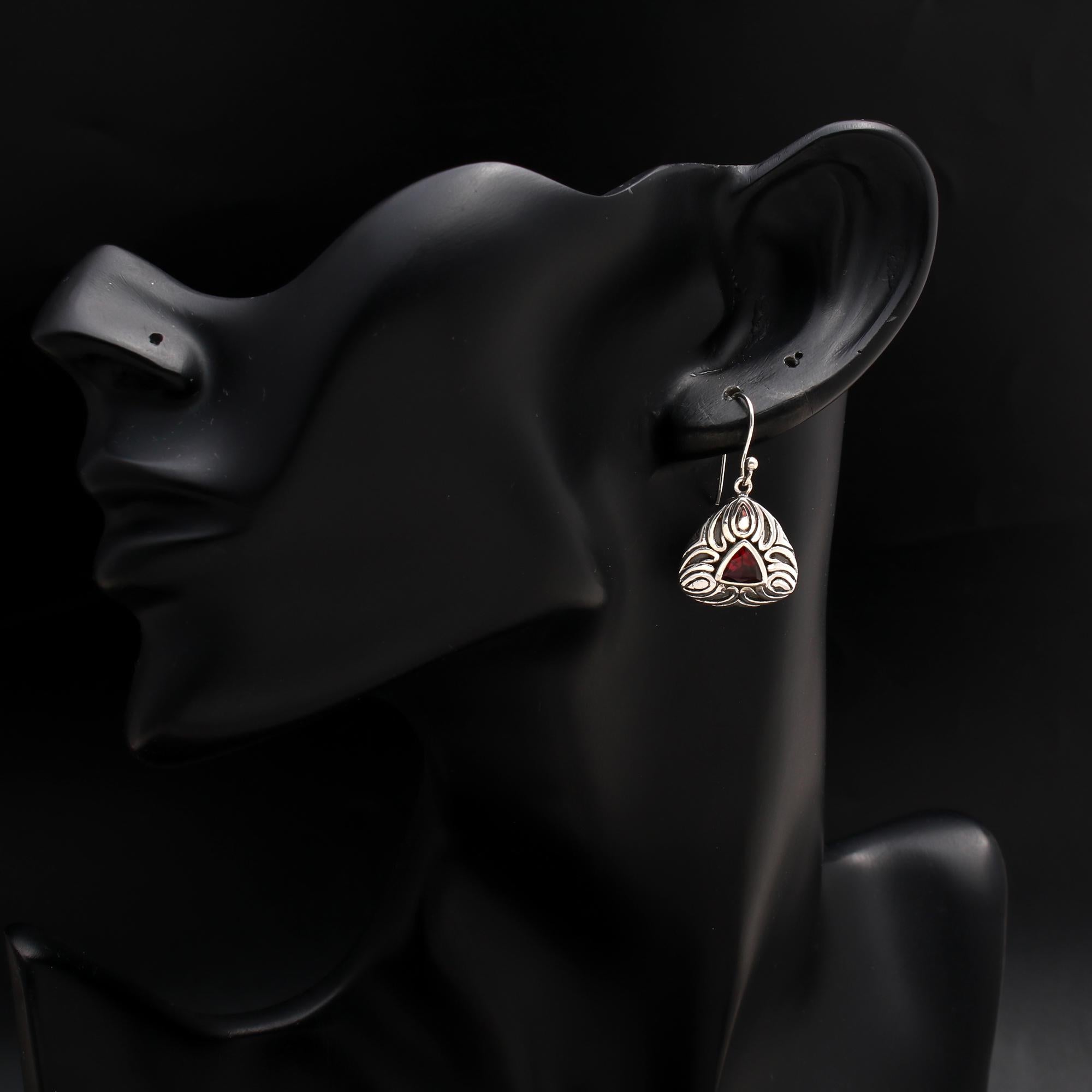 925 Silver Triangle Garnet Dangle Earrings