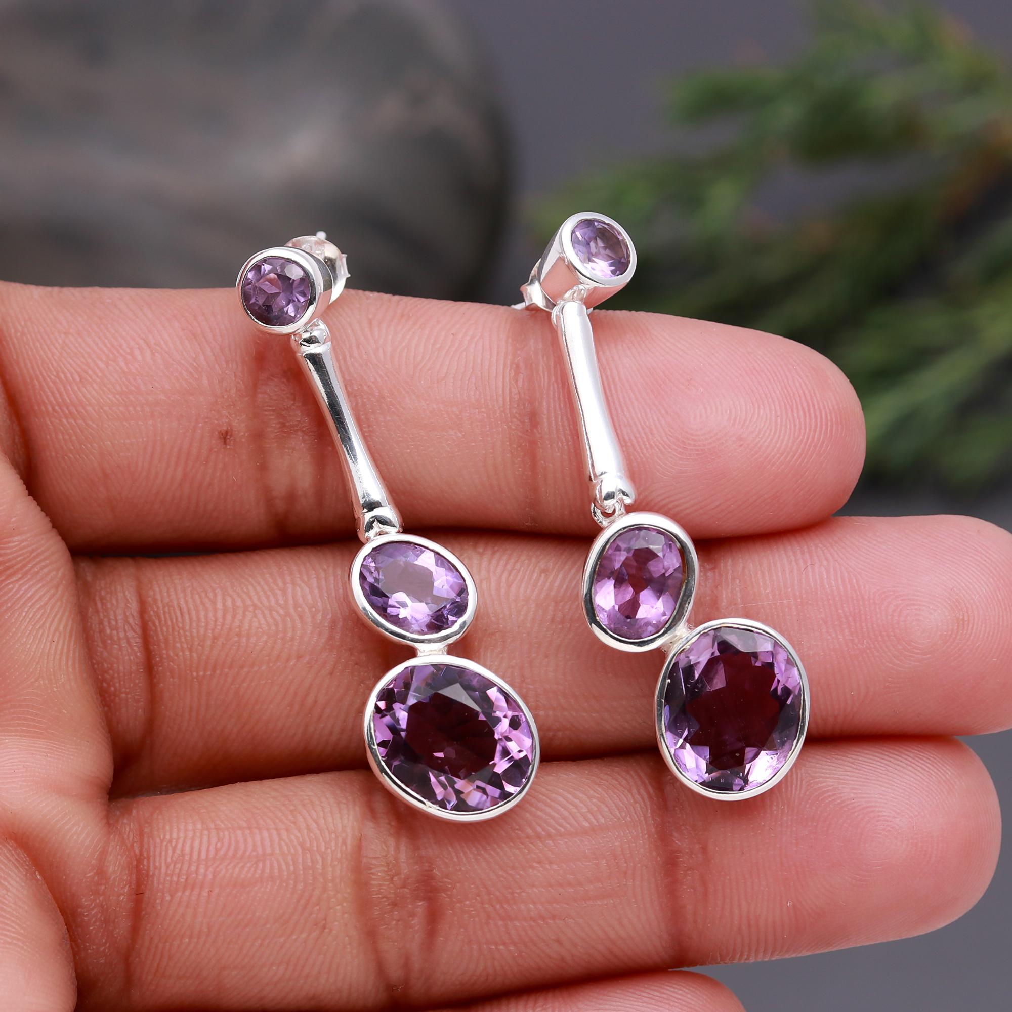 925 Silver Triple Amethyst Drop Earrings