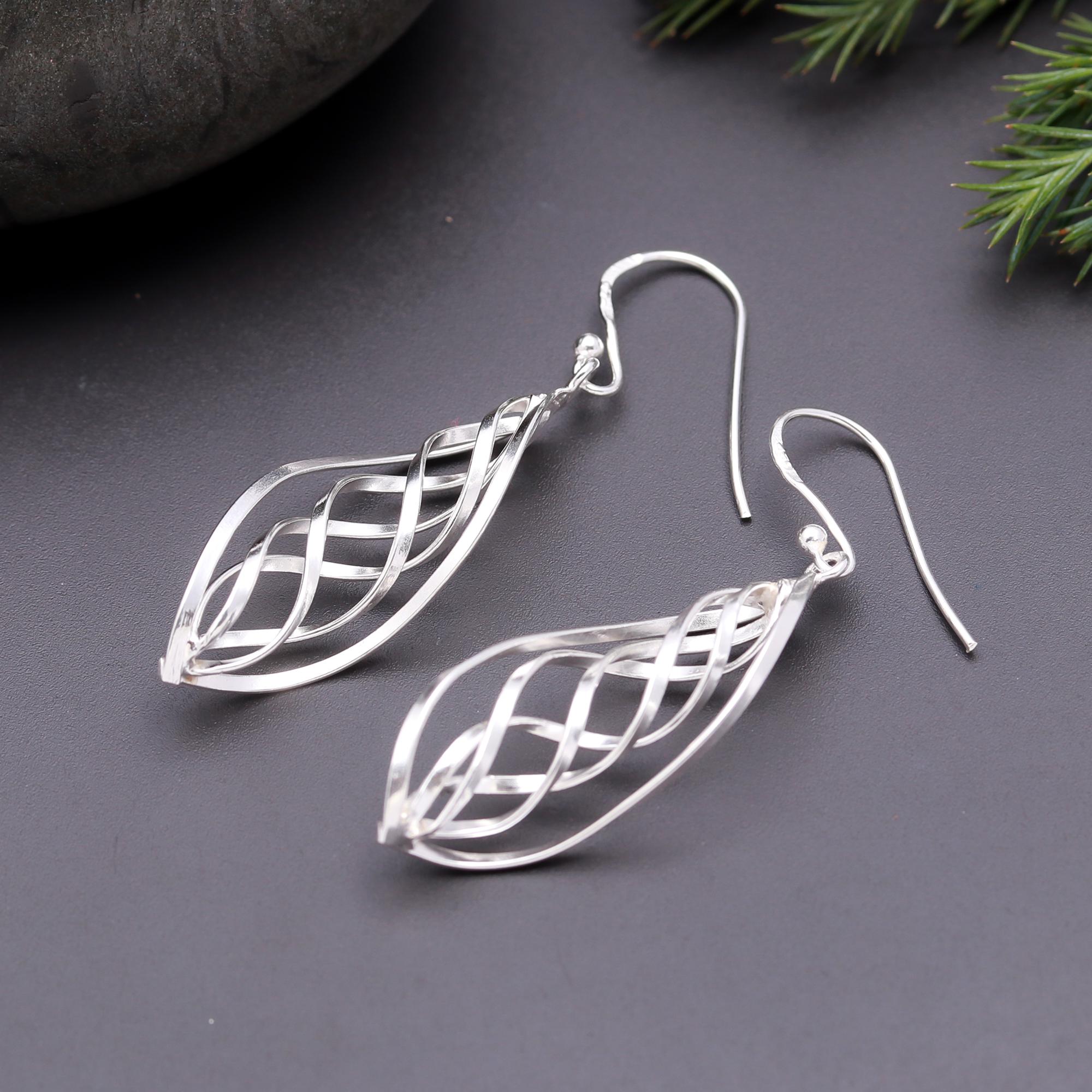 925 Silver Twisted Leaf Dangle Earrings