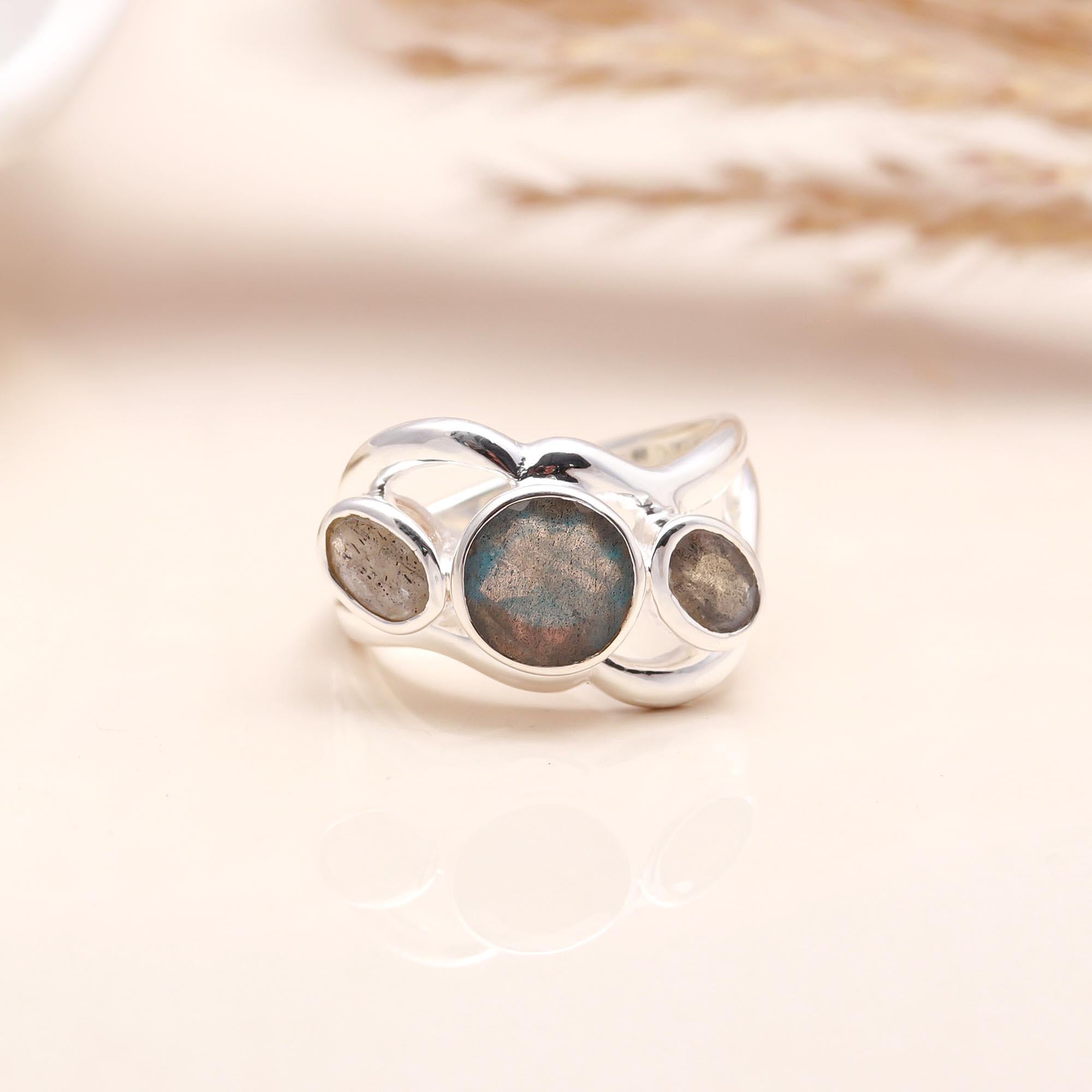 Close-up of multiple labradorite gemstones in silver ring