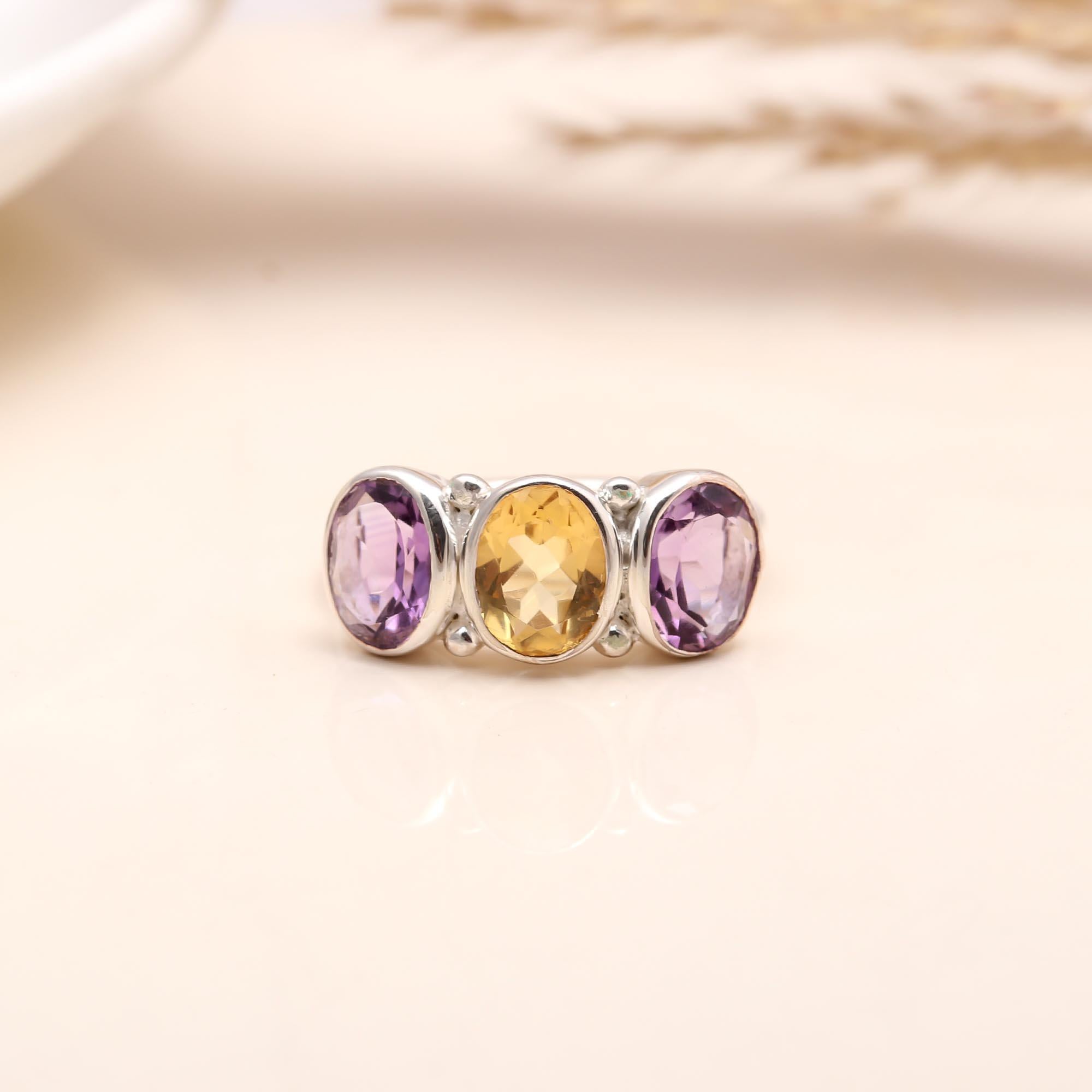 Handmade three-stone amethyst citrine sterling silver ring