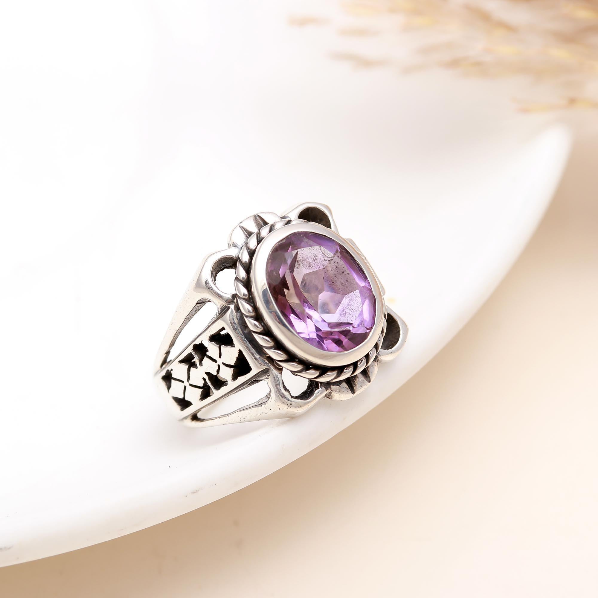 925 Silver Oval Amethyst Boho Statement Ring front view