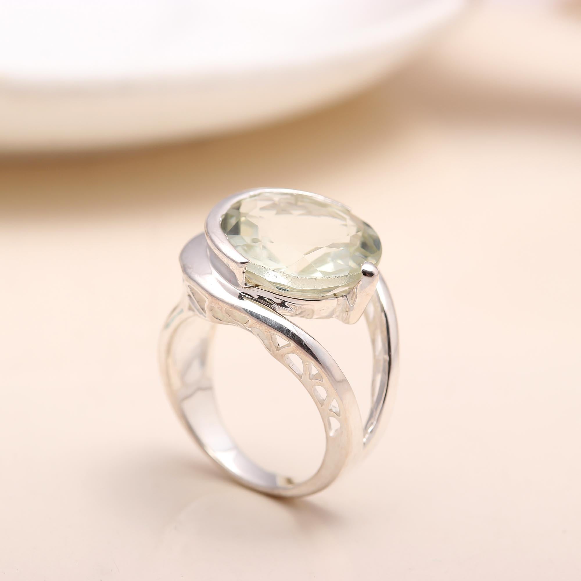 Handmade sterling silver round green amethyst solitaire ring