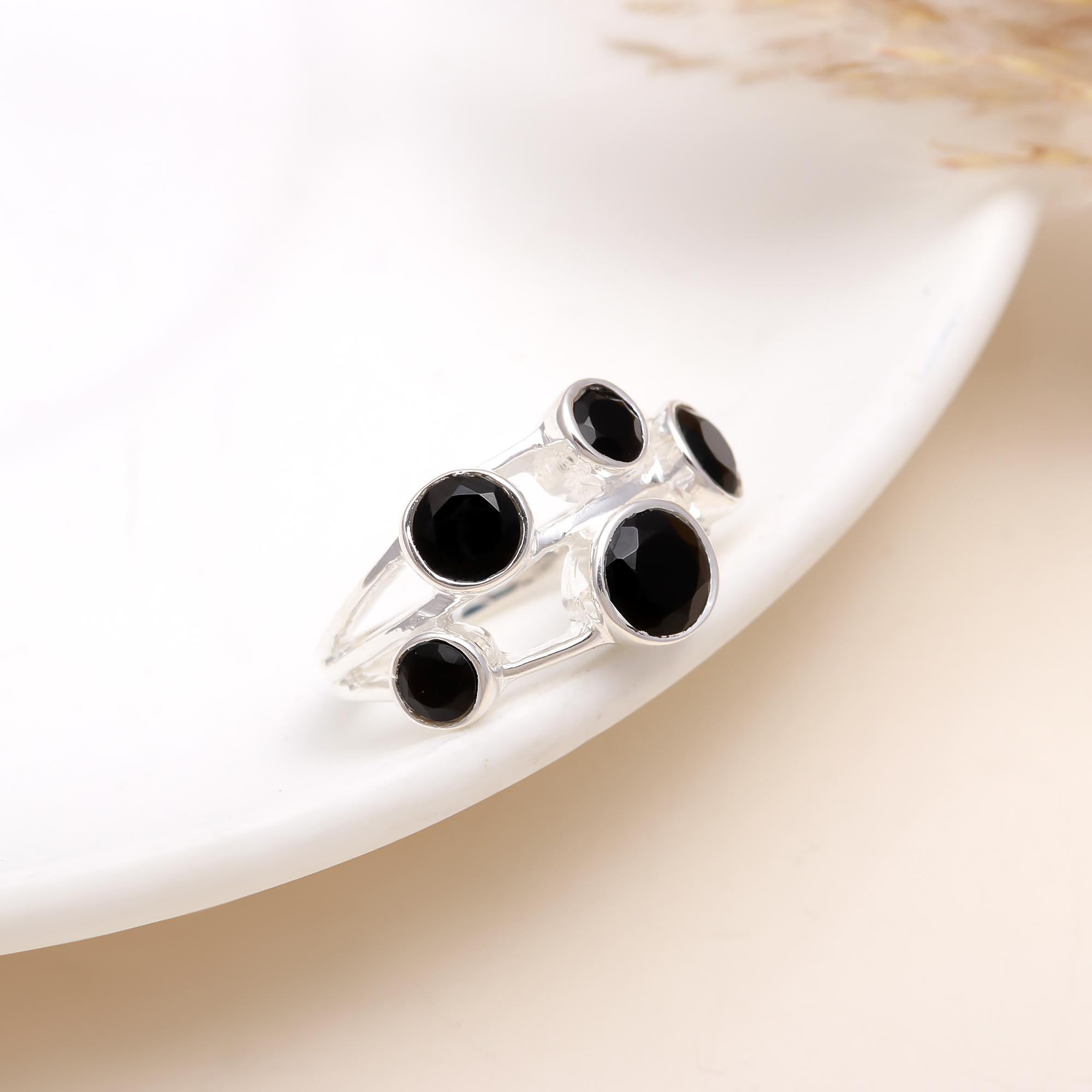 925 Silver Multi Stone Black Onyx Cocktail Ring front view