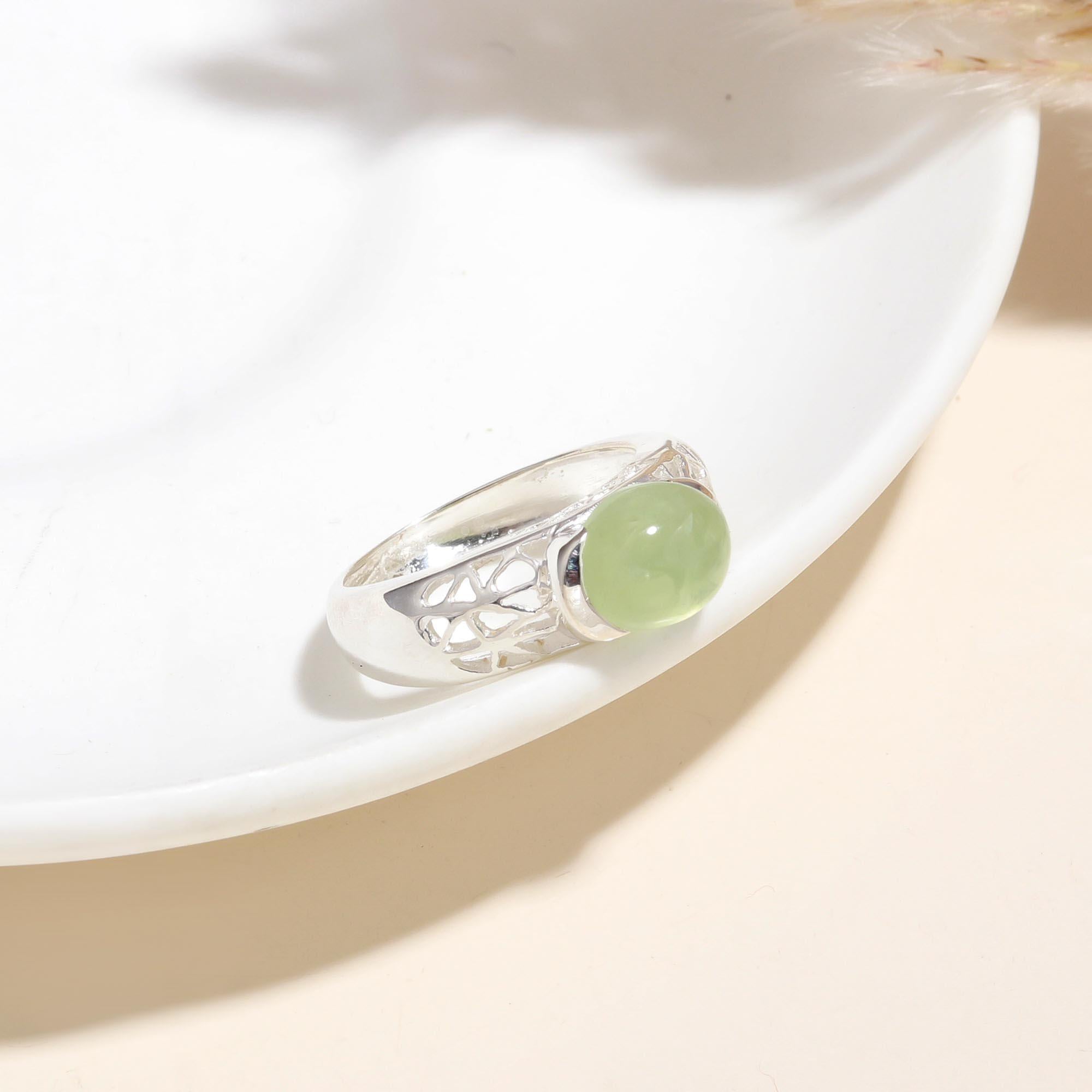The Serene Dome: Prehnite Silver Geometric Ring