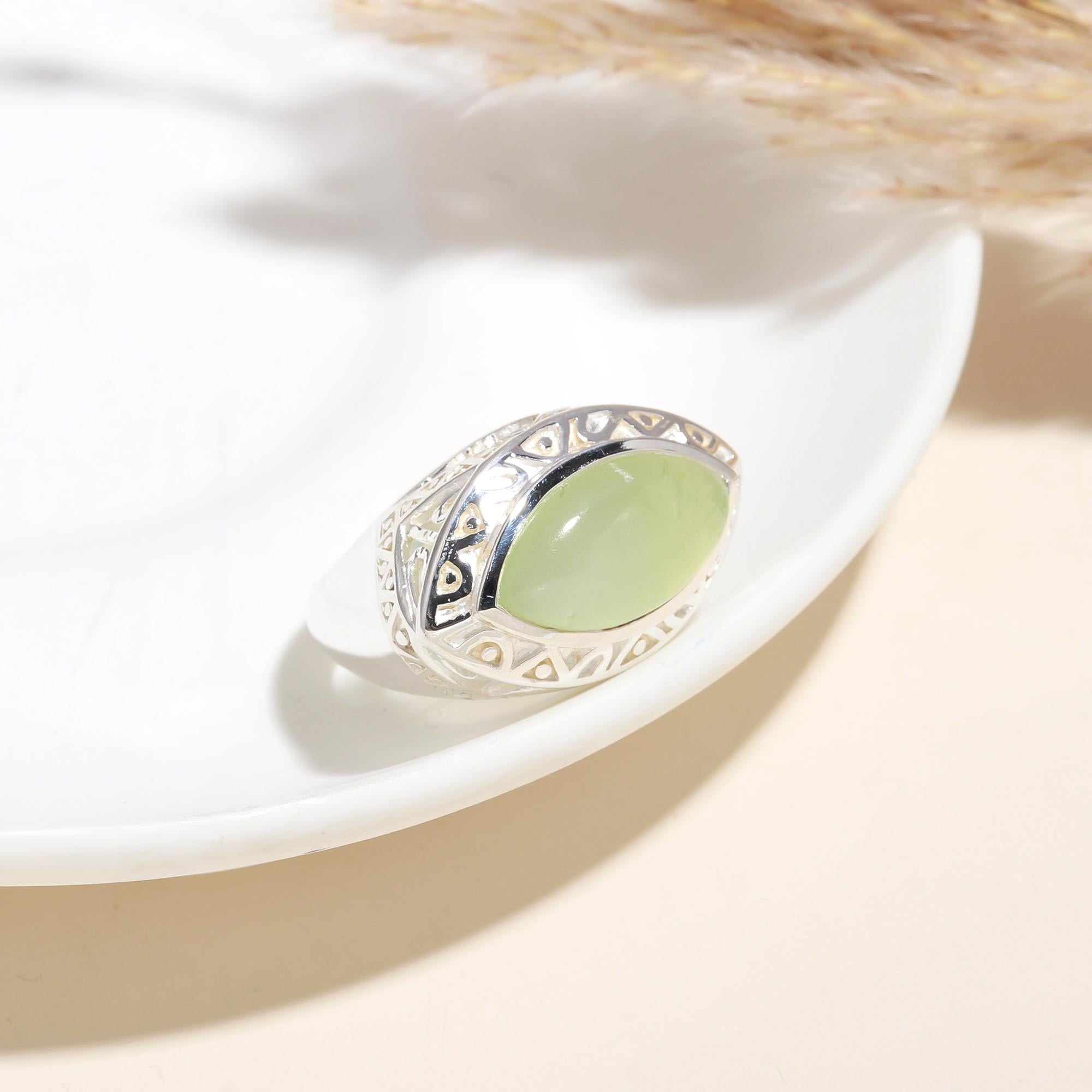 The Verdant Marquise: Prehnite Silver Filigree Ring