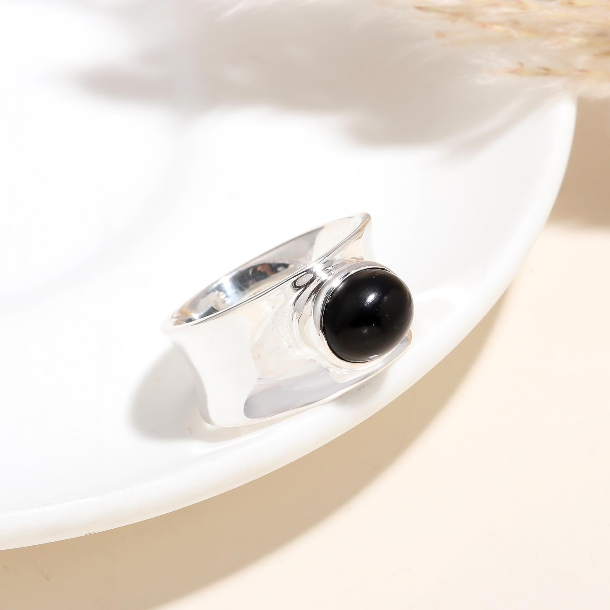 The Midnight Curve: Black Onyx Wide Band Silver Ring