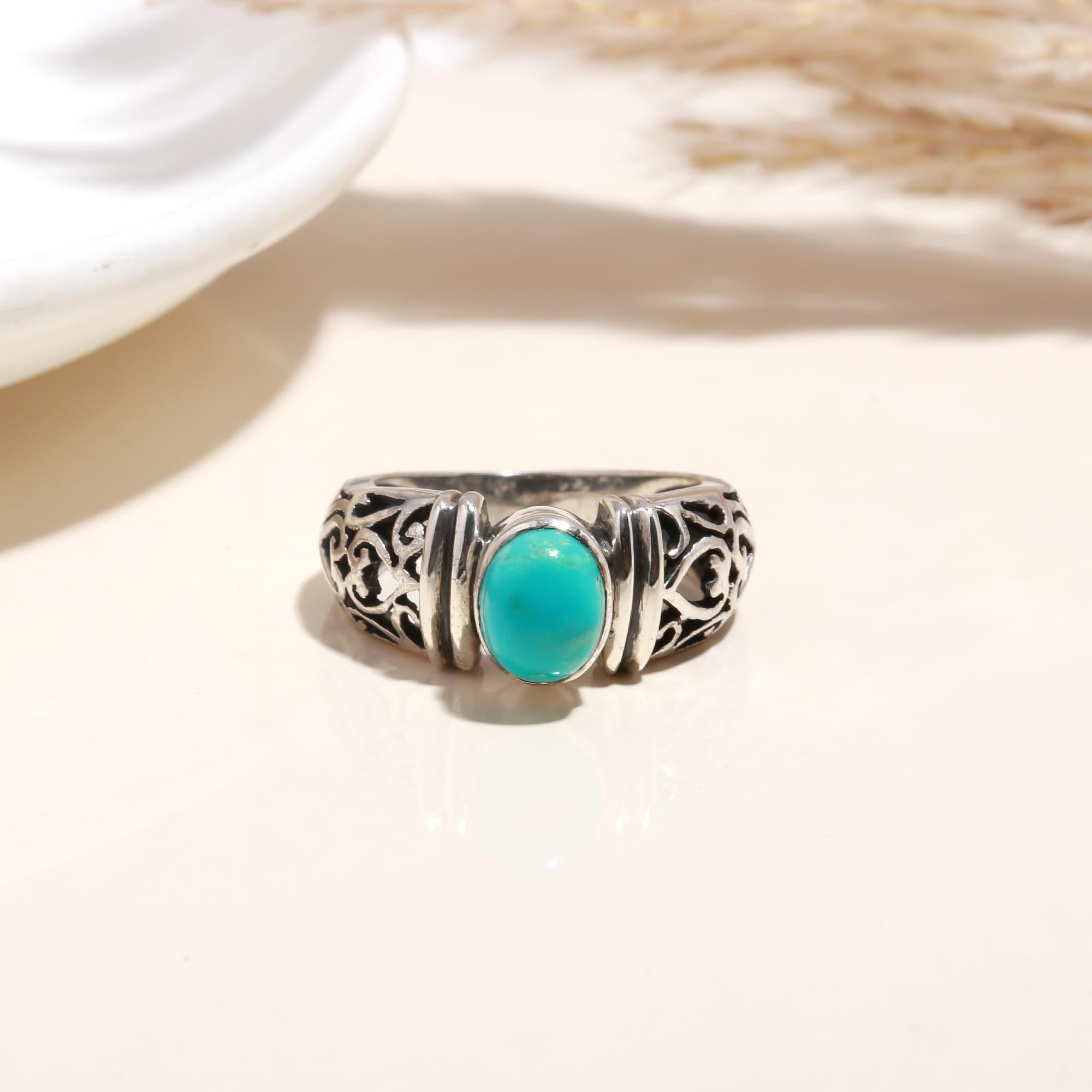 The Azure Scroll: Turquoise Cabochon & Silver Filigree Ring