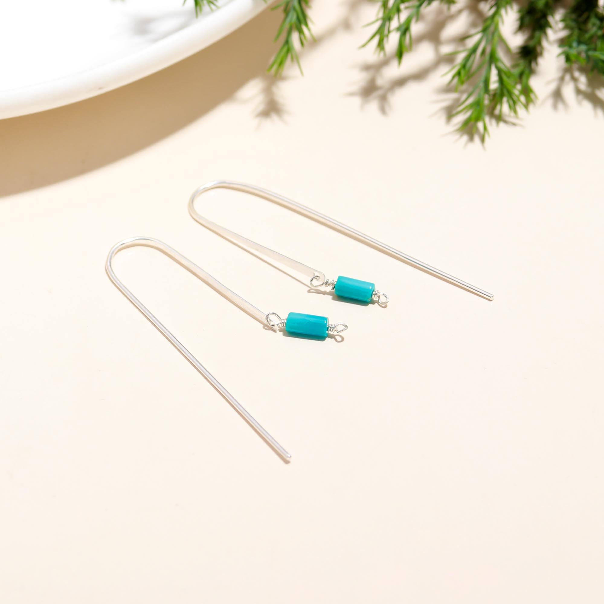 925 Silver Turquoise Long Hook Earrings