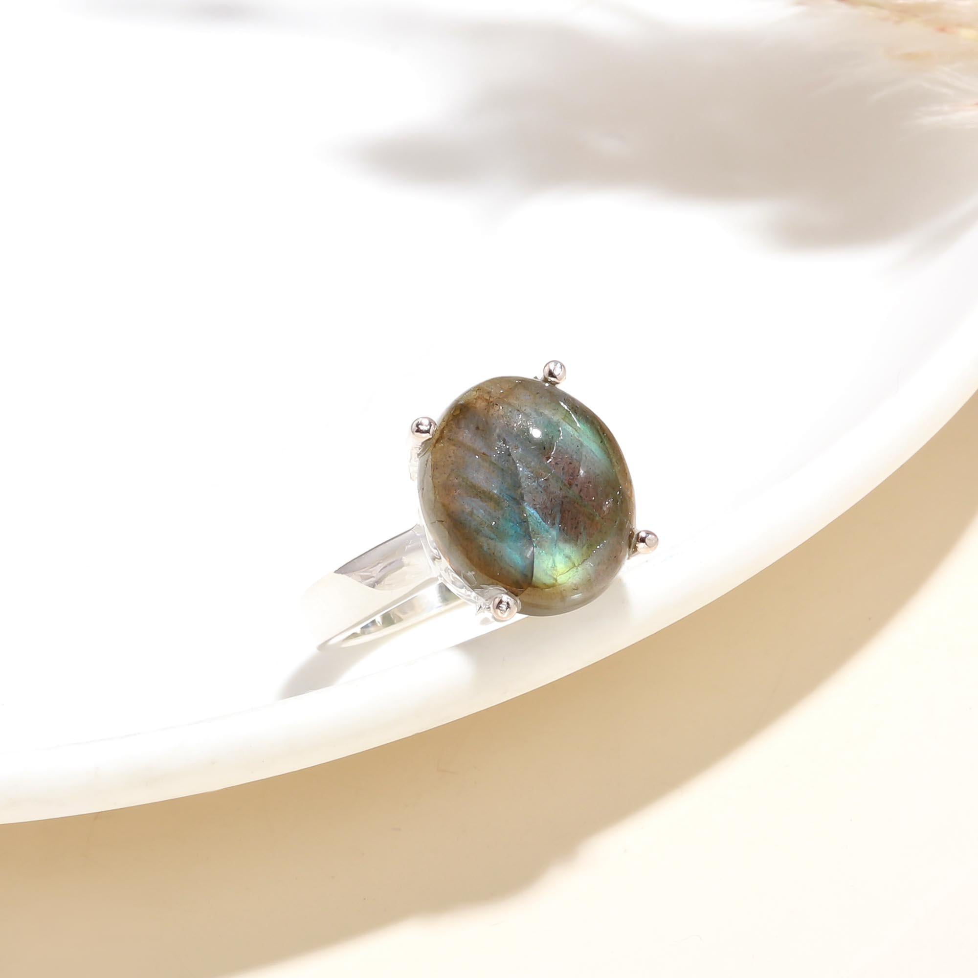 The Mystic Aurora: Labradorite Cabochon & Silver Solitaire Ring