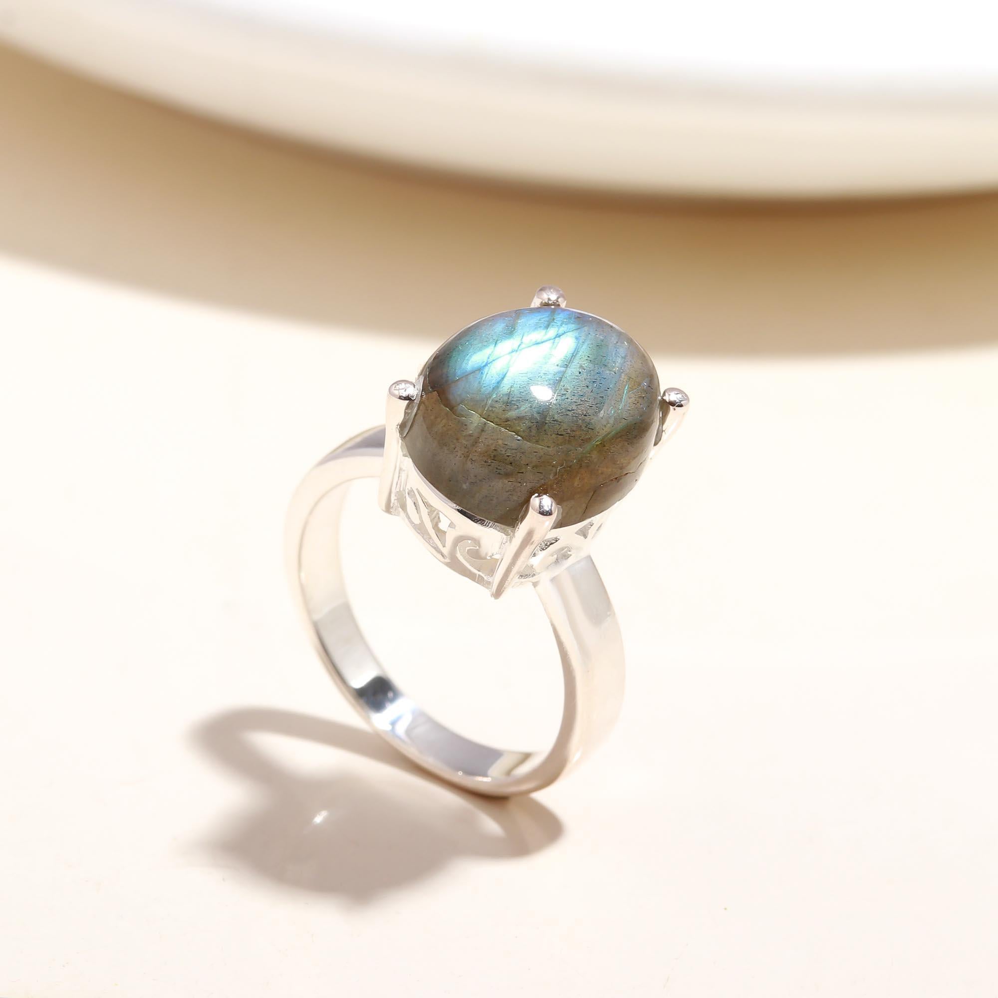 The Mystic Aurora: Labradorite Cabochon & Silver Solitaire Ring